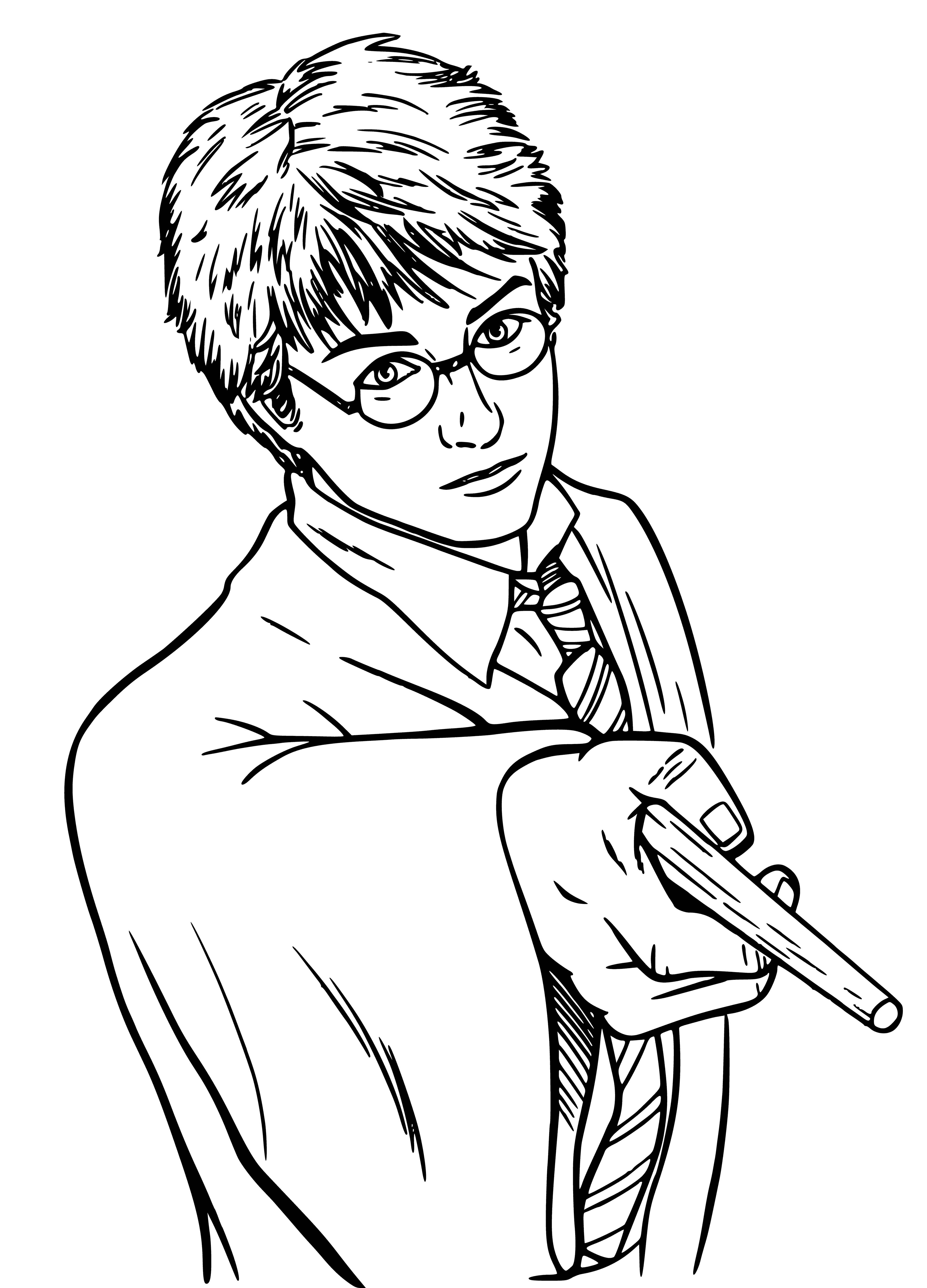 coloring page: Harry Potter stands tall in Hogwarts Great Hall, surrounded by friends. Wearing robes and carrying wand, scar visible on forehead.