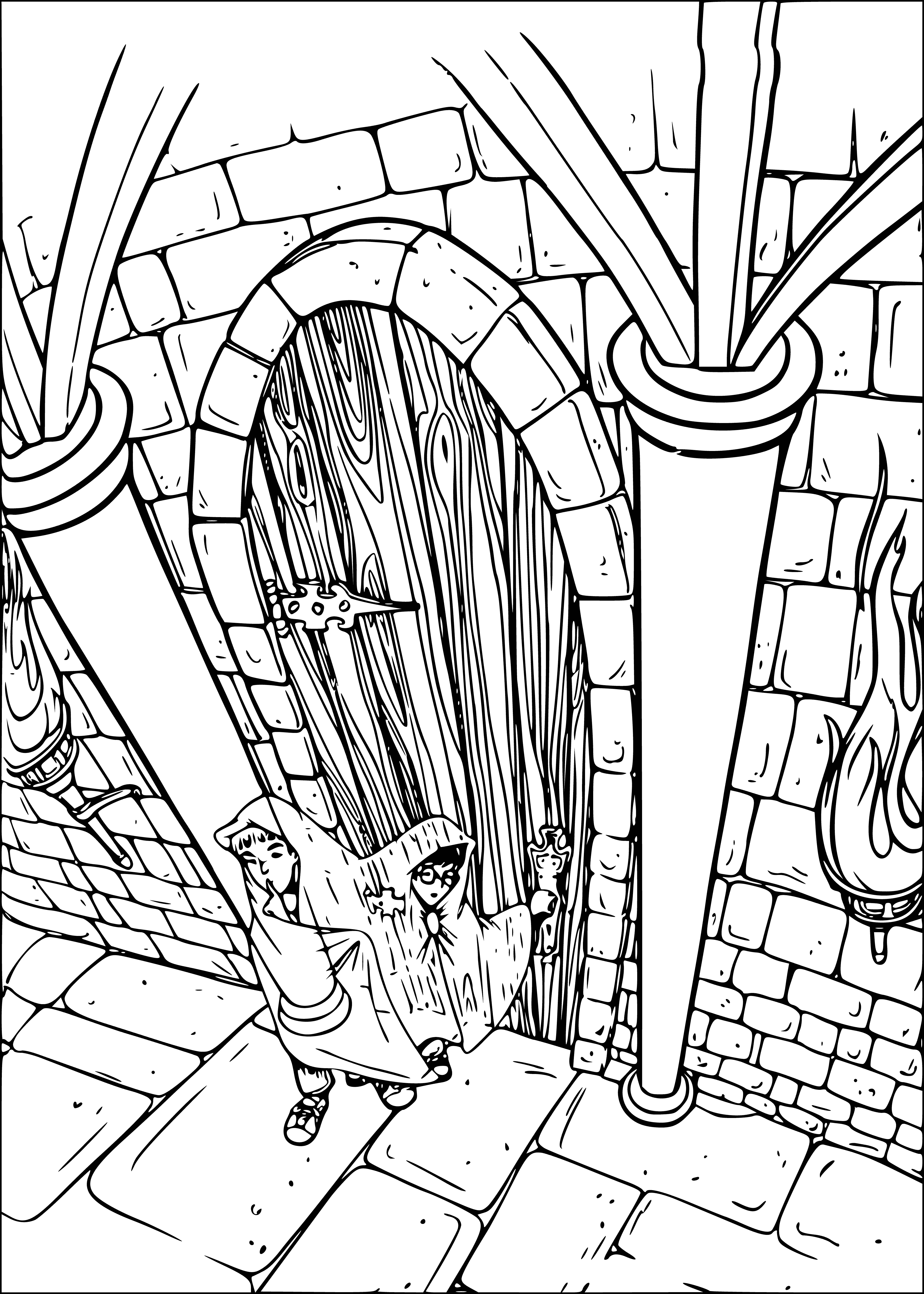 coloring page: Coloring page of a room full of forbidden books of all kinds, young & old people. #HarryPotter #ForbiddenSection