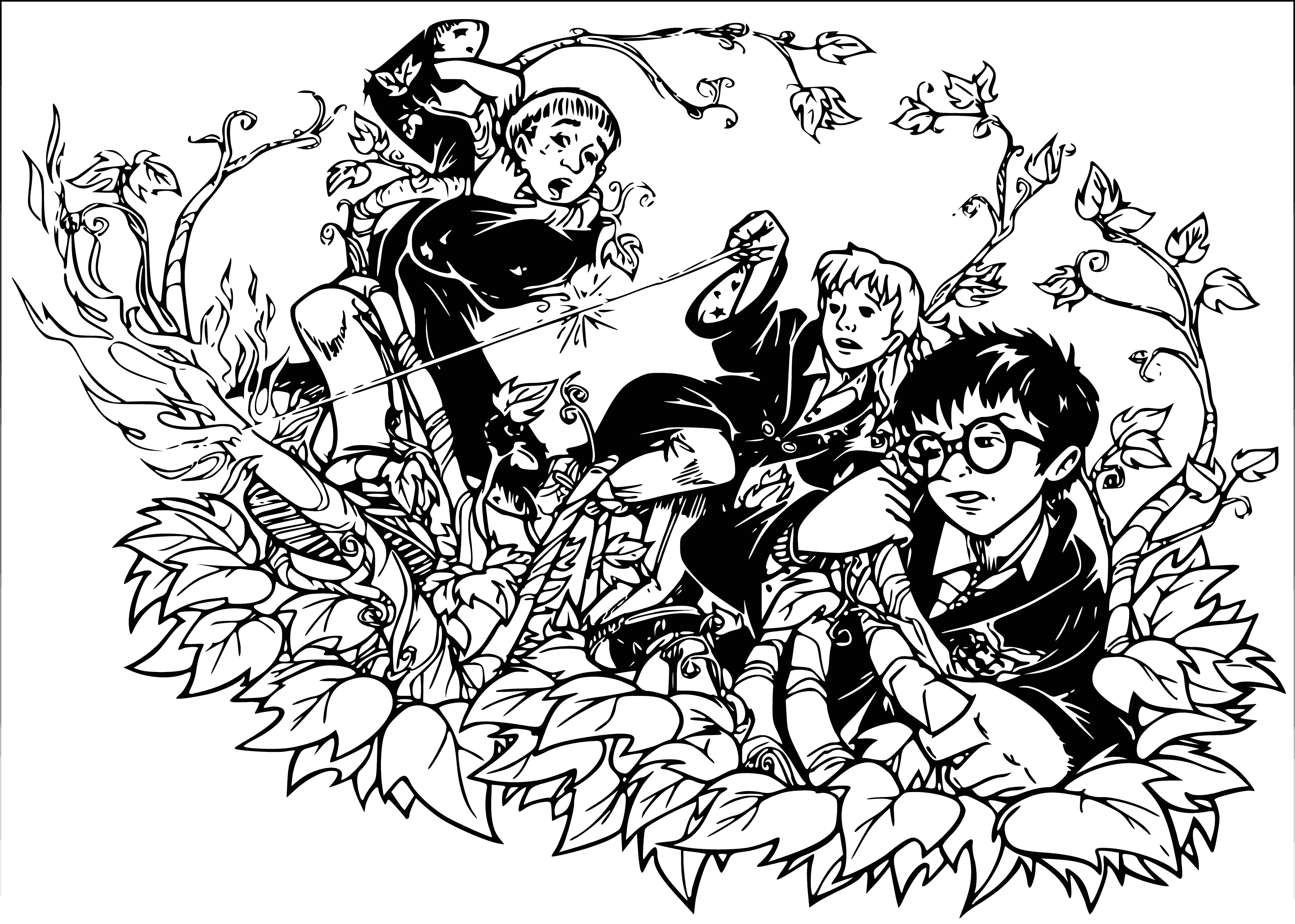 coloring page: Harry Potter struggles to free himself from a plant monster but it's too strong.