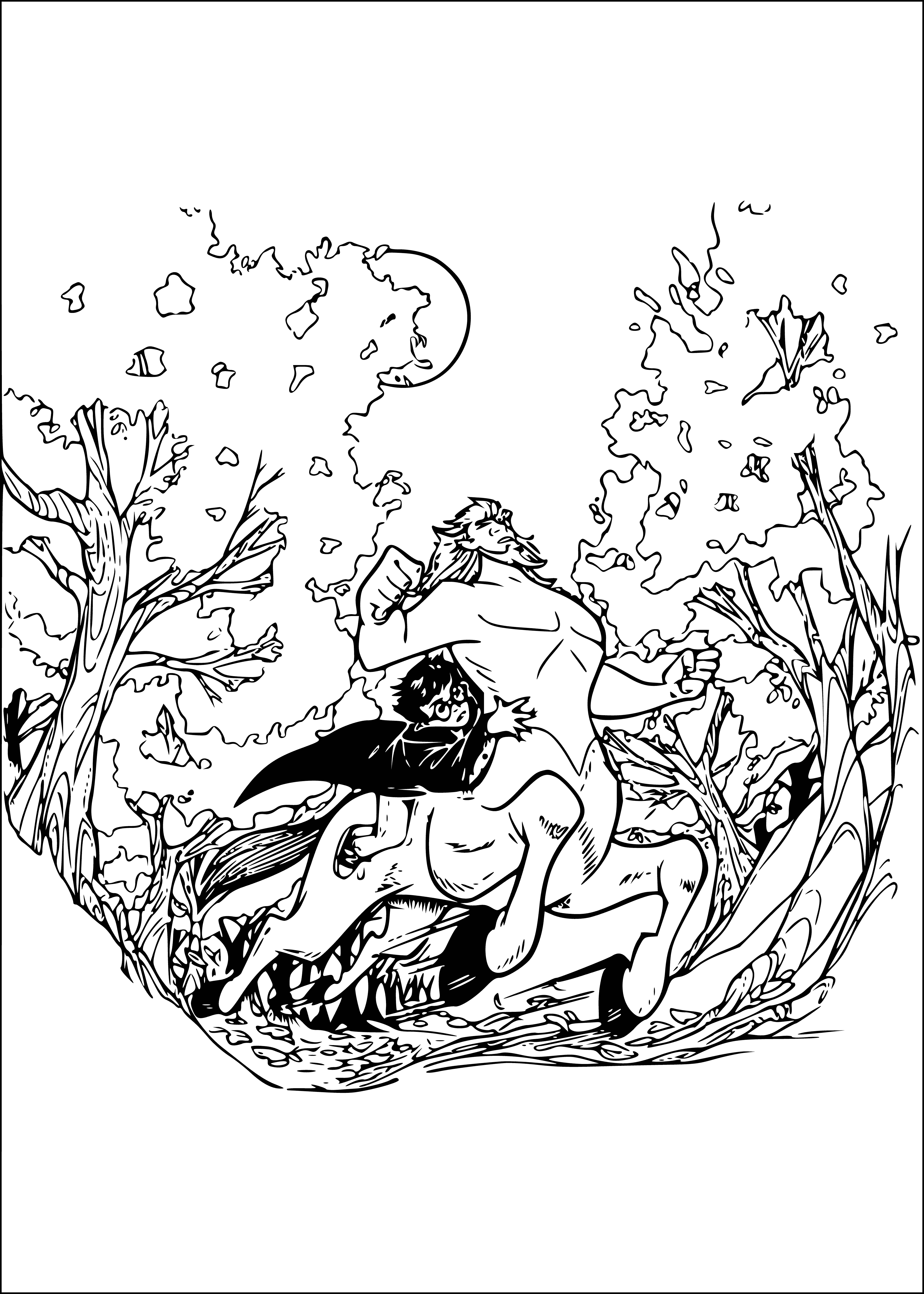 coloring page: Harry sits before a centaur, bearded & hairy, with bag & loincloth, brandishing a stick & holding a candle.