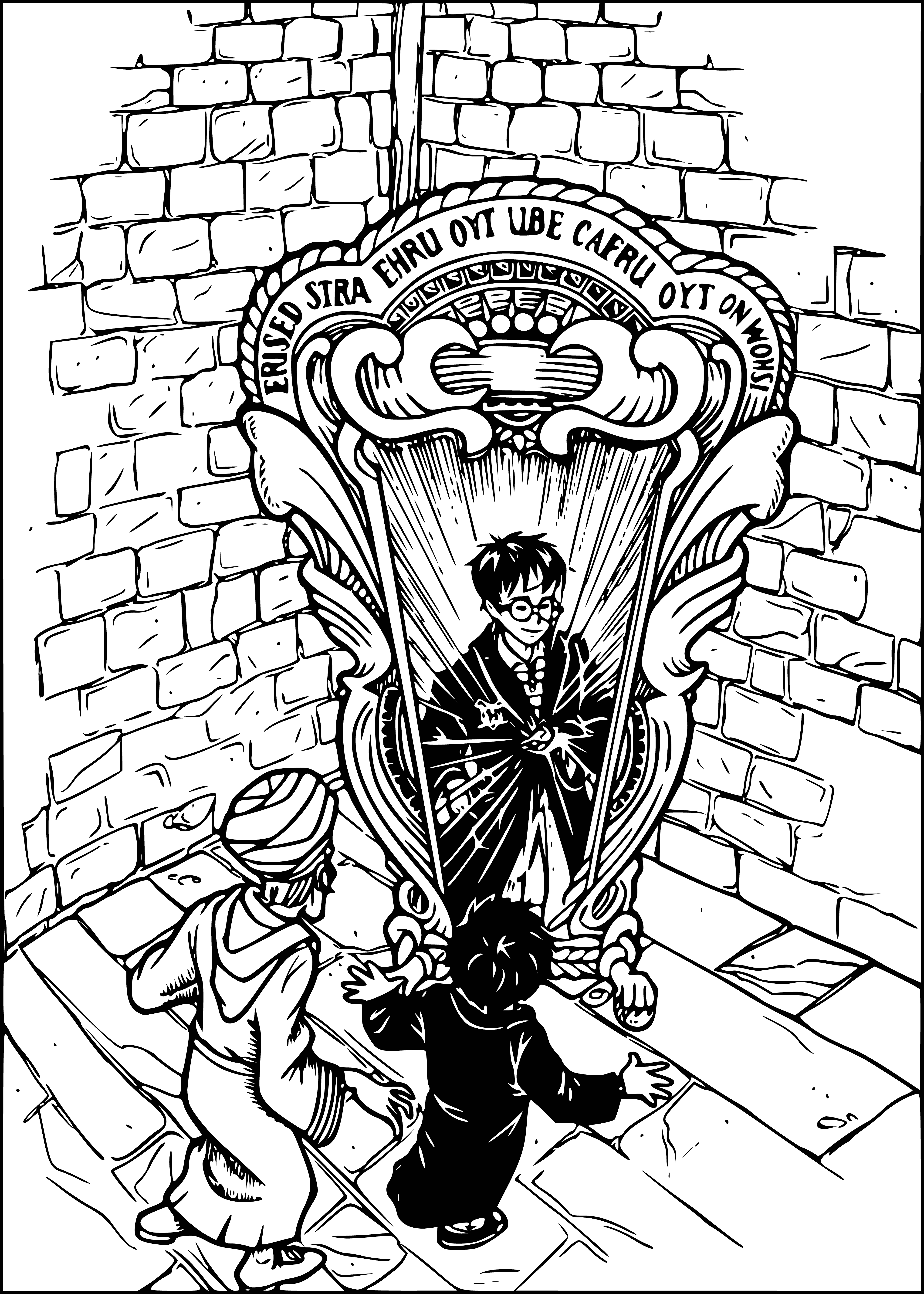 coloring page: Harry Potter: an 11-year-old with glasses, black hair & a robe w/silver badge, standing in front of a big stone building w/ a curved roof, lit from above.