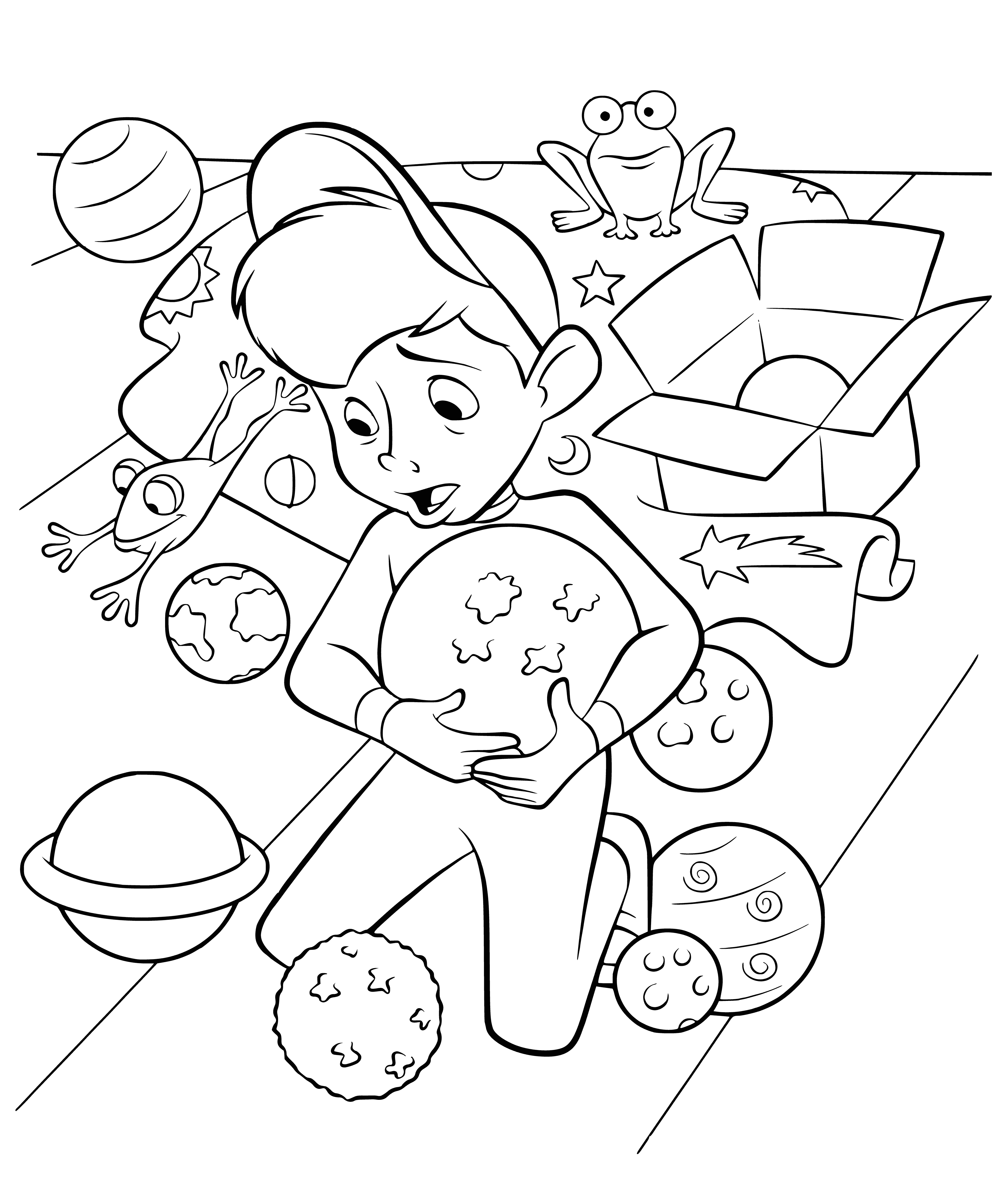 coloring page: 3 frogs hug on lily pads w/ planet & 2 moons in bg: 2 have eyes closed, 3rd holds other 2 in tender embrace. #bfffrogs