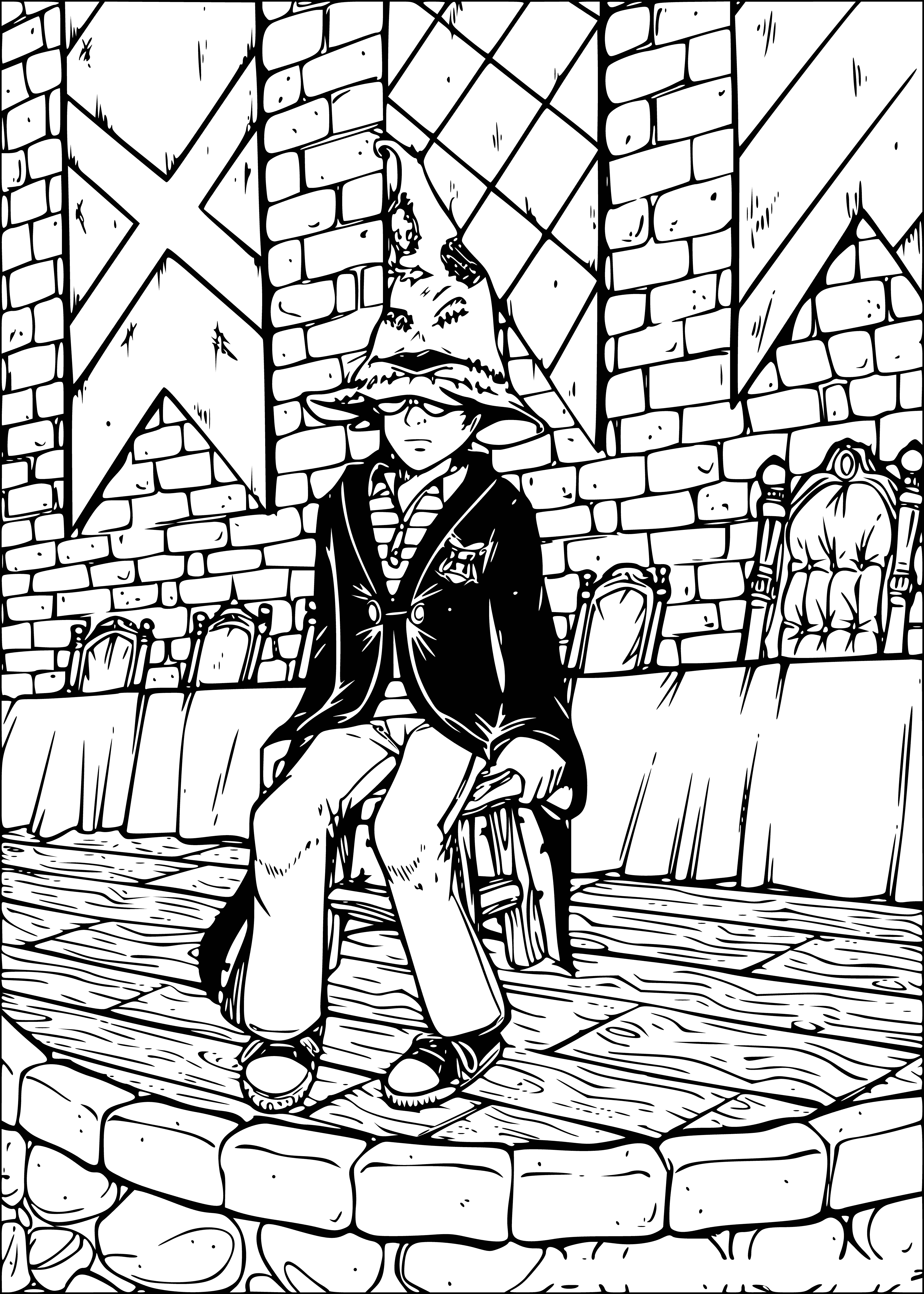 coloring page: Harry wears Hogwarts robe, clutching wand, looks up at Sorting Hat on a stool, tattered & torn with black button eyes & stitched mouth.