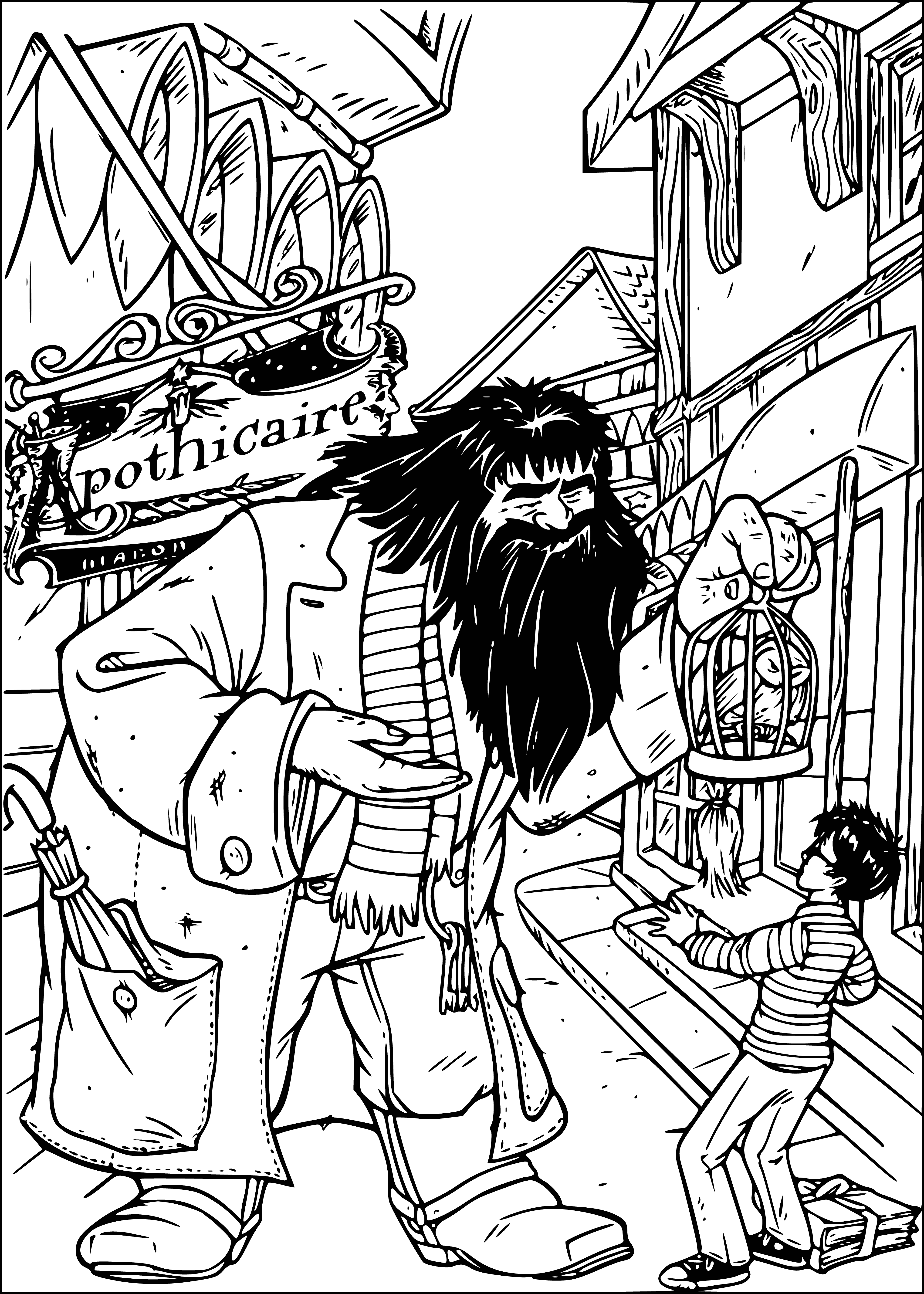 coloring page: Hagrid sighs, looking tired, shoulders sagging - resting chin on his hand.