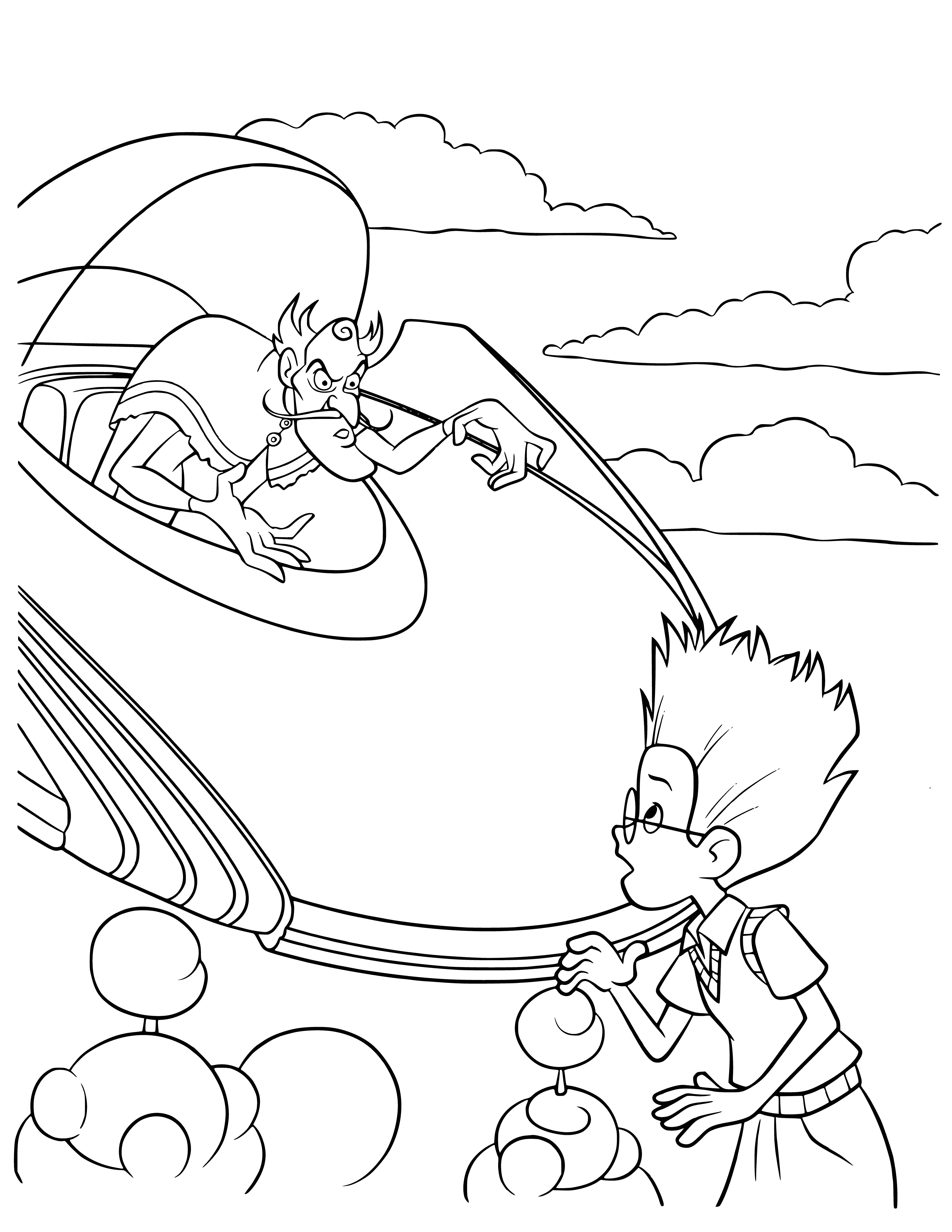 coloring page: Flying saucer hovers above a green field with trees and houses in the distance. Has a smooth, metallic surface, four round windows and a large, rectangular one in the center.