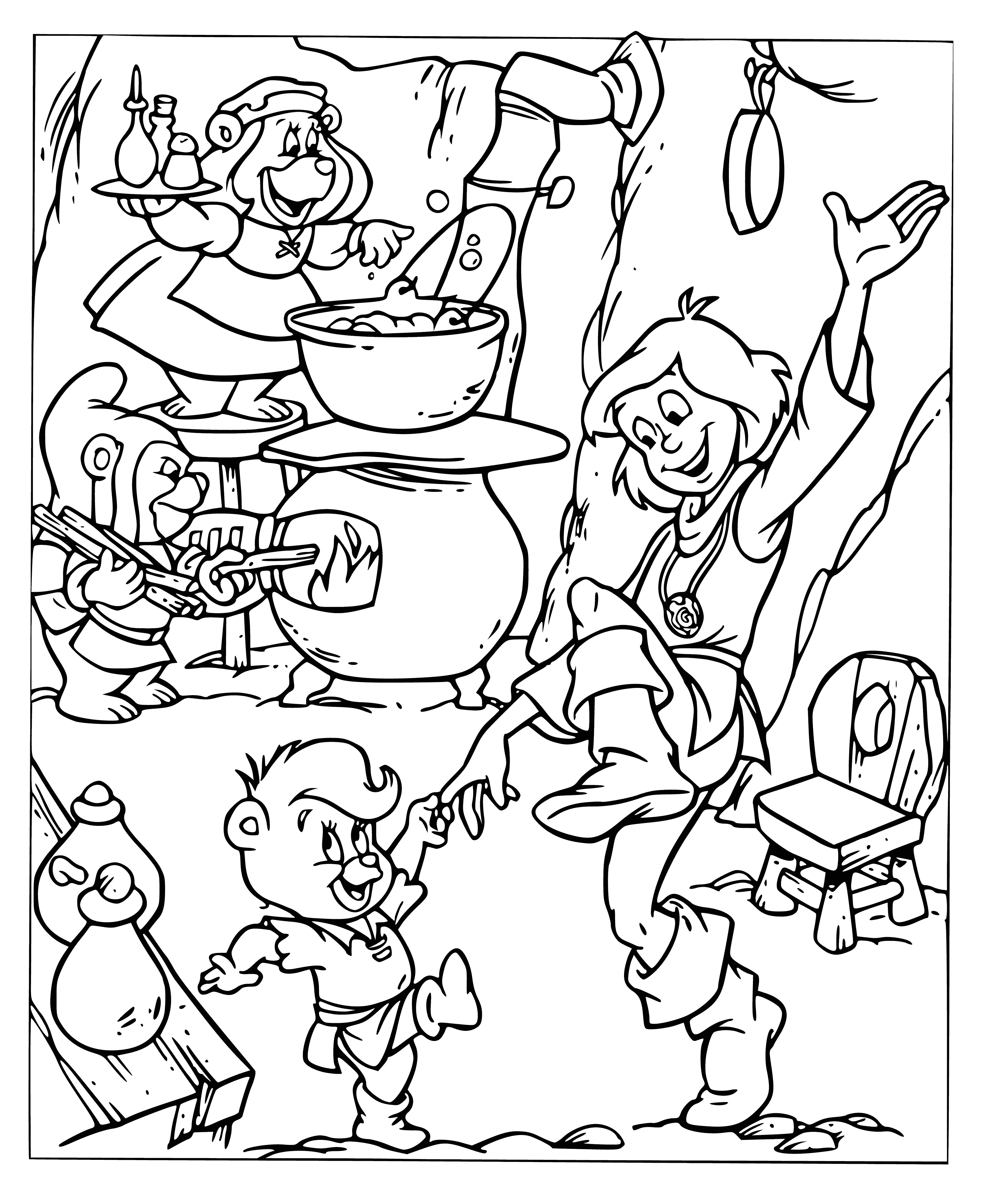 coloring page: There are five gummy bears of different colors (red, green, yellow, blue, and orange) on a coloring page, all facing each other and smiling.