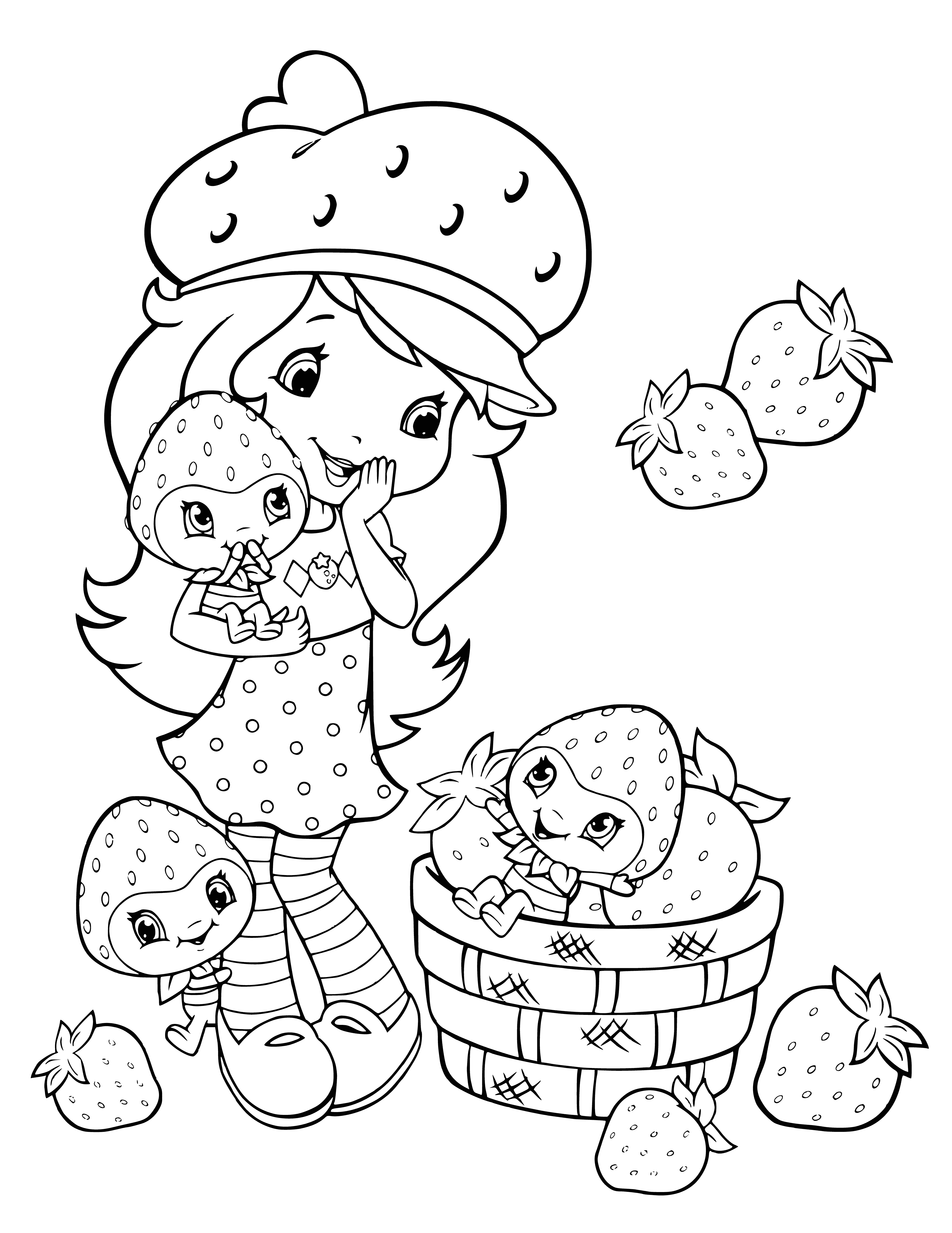 Charlotte Strawberry holds toys and is surrounded by berries