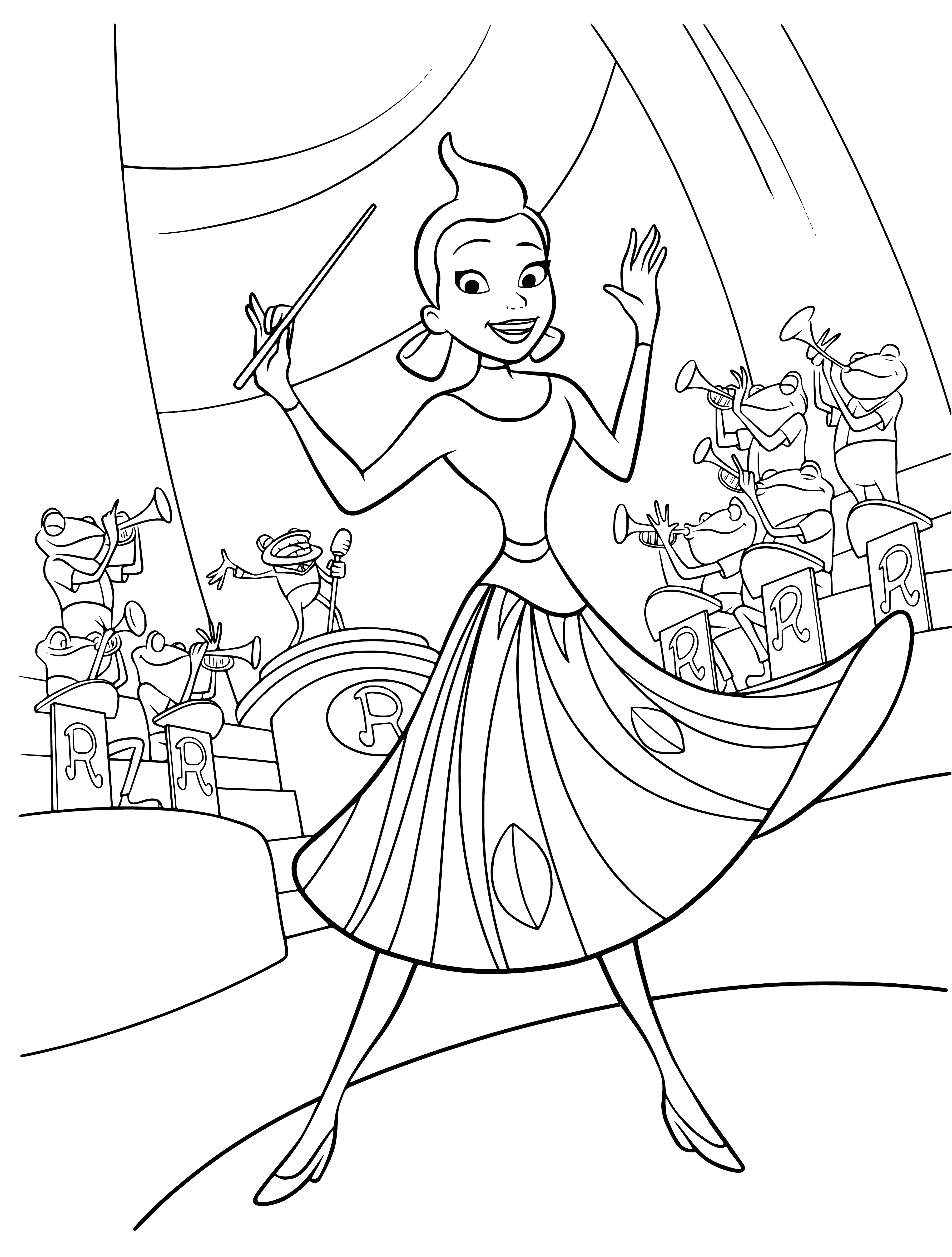 coloring page: Three frogs making music with drums, guitar and trumpet in a band - a hopping band!