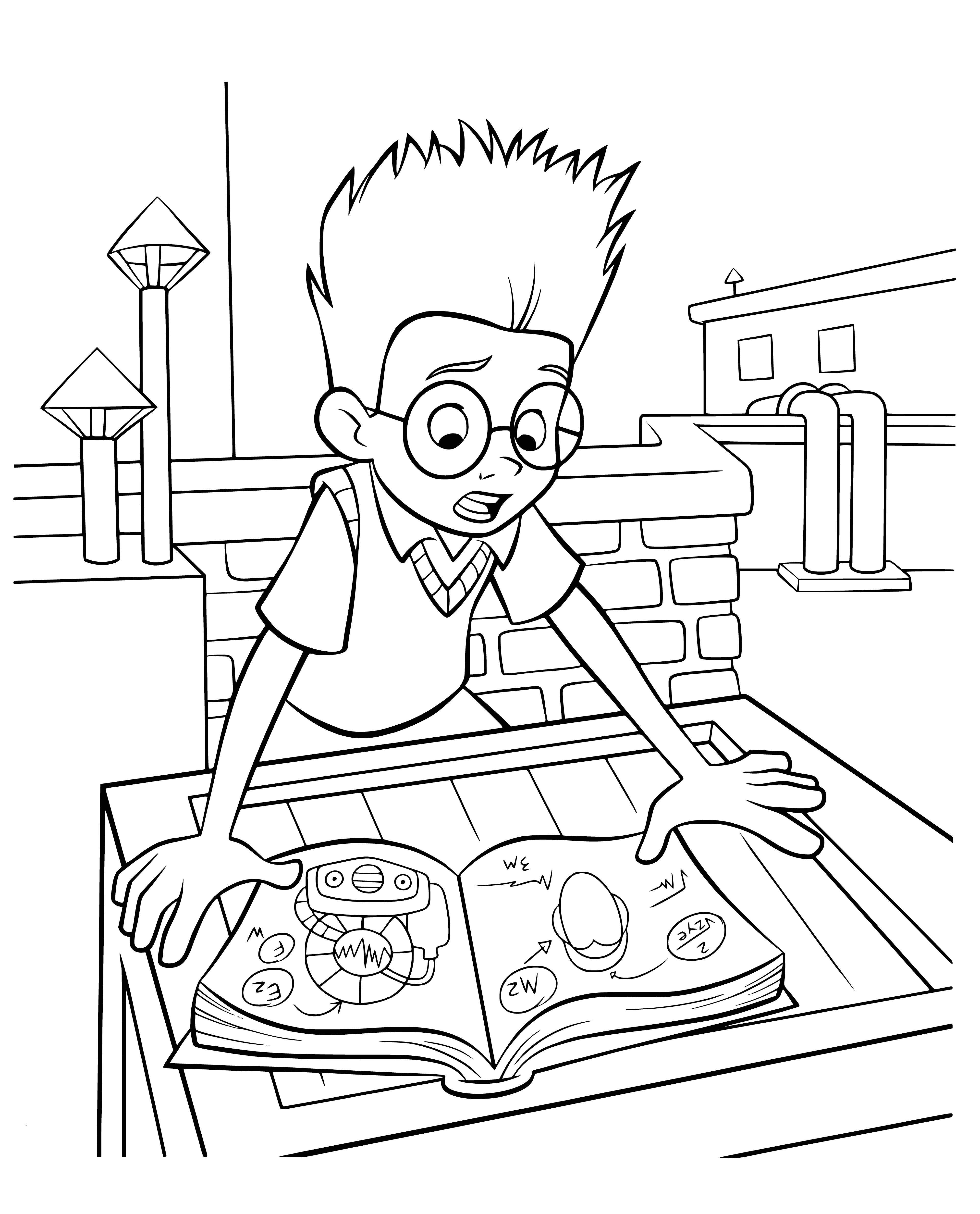 coloring page: Tall boy with glasses, bowl cut looks at mechanical device; brown-haired girl admires, confused; dog sits beside her.