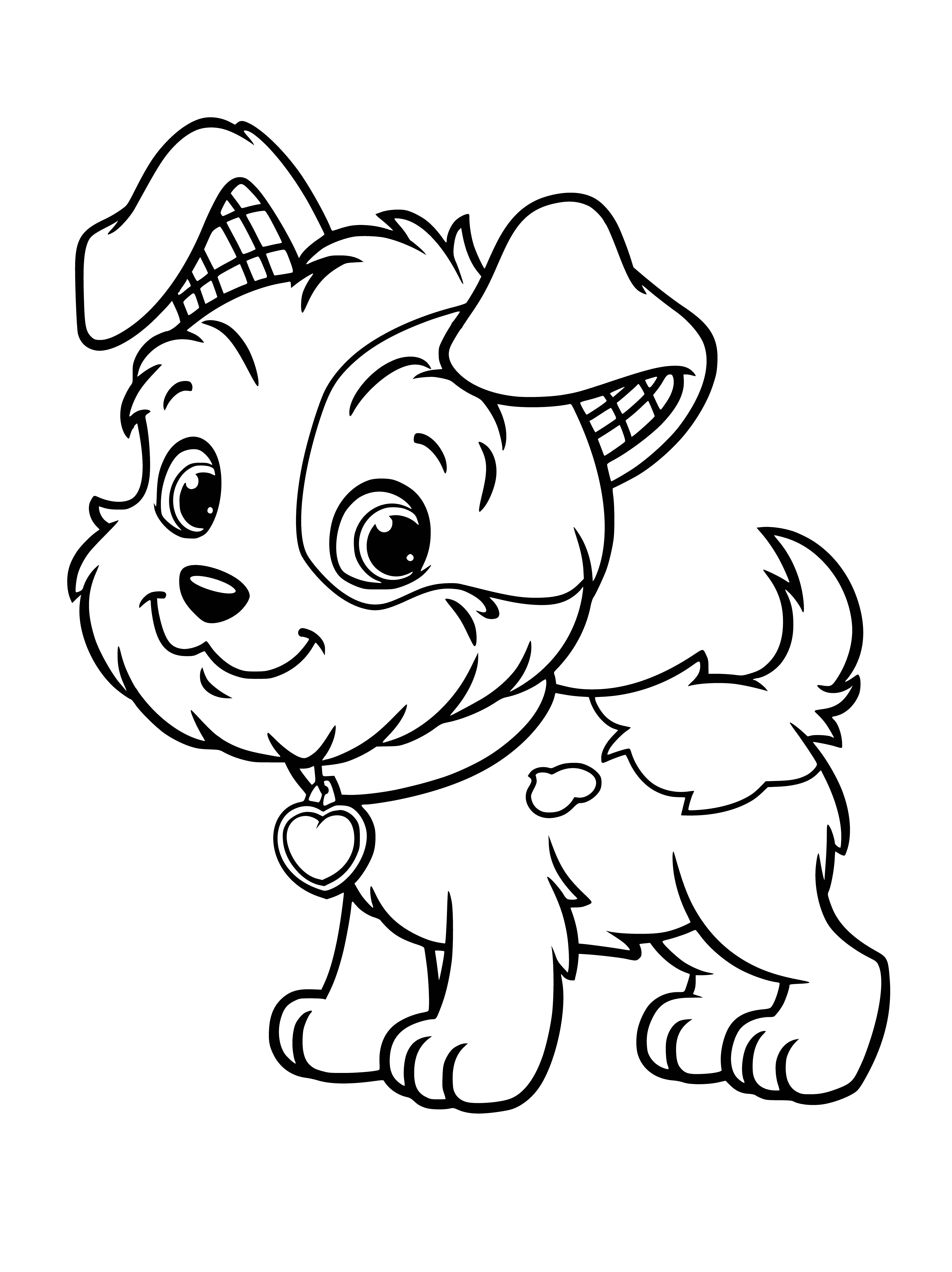 coloring page: Small white dog w/ black patches, long snout, small black eyes, black ears & curled tail standing on patch of grass.