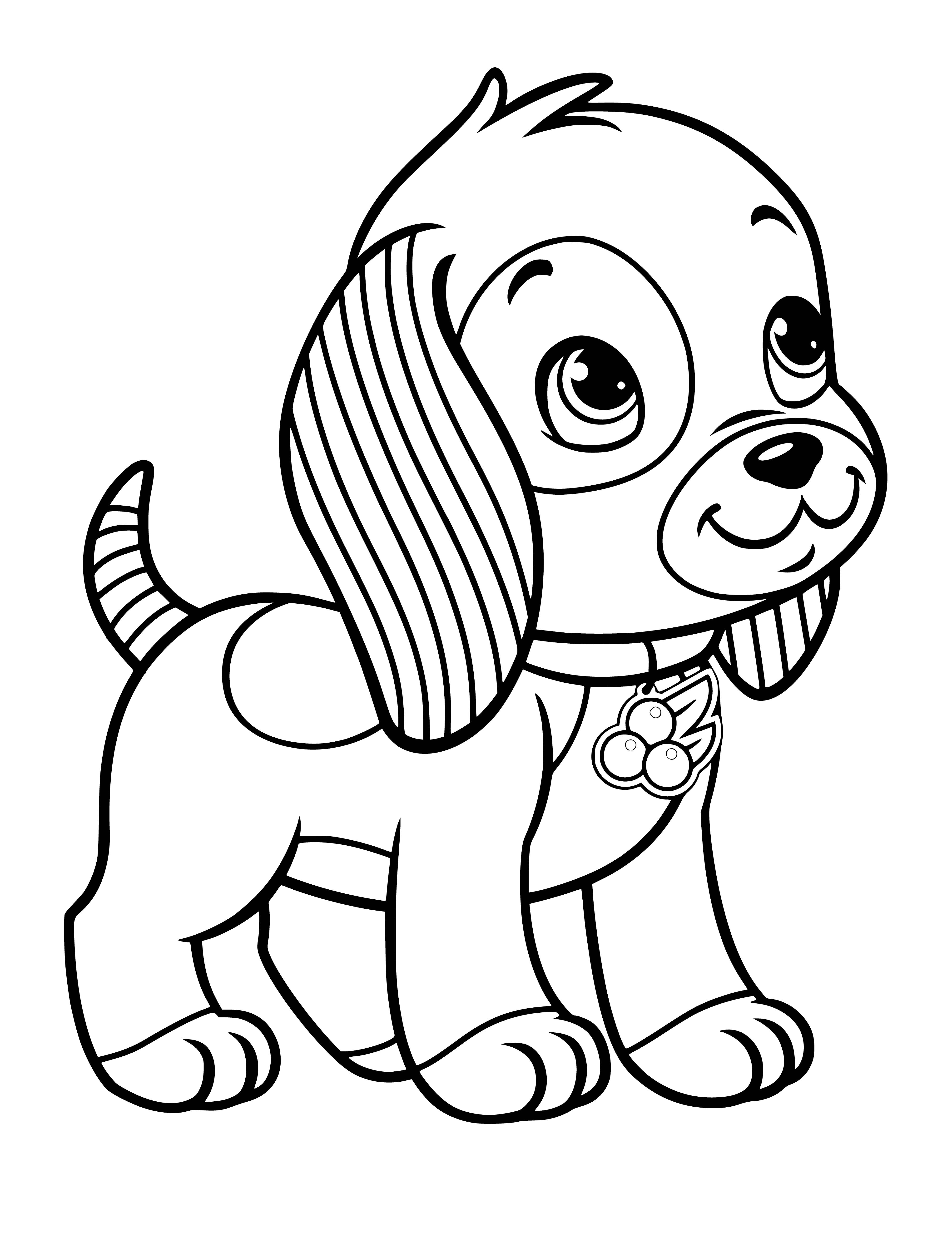 coloring page: Compact pink puppy w/black nose & spots sits on white cushion—the Cherry Pet!