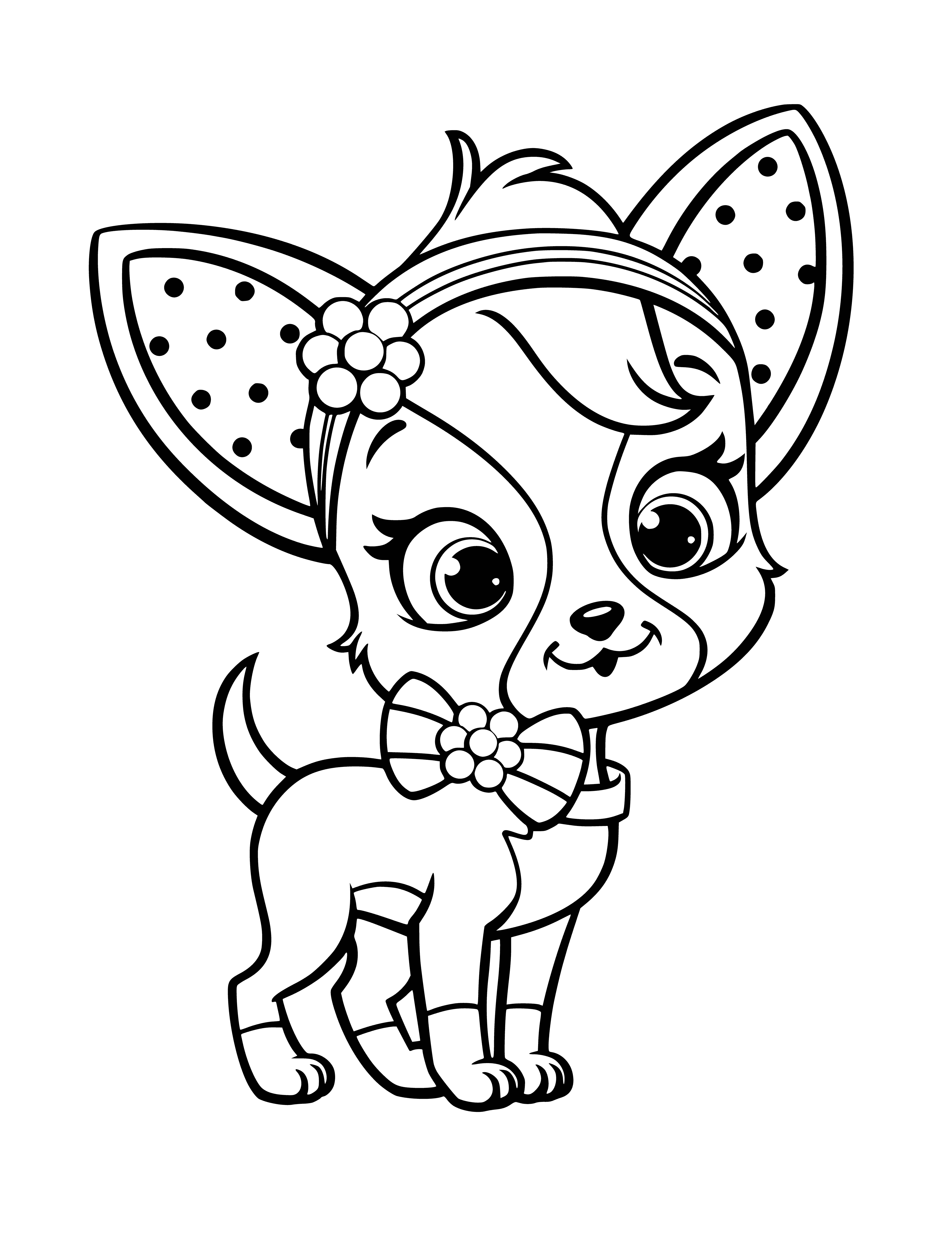 Close-up coloring page of short-furred Chihuahua with big eyes, perked ears, and black collar. #coloringpage #dog