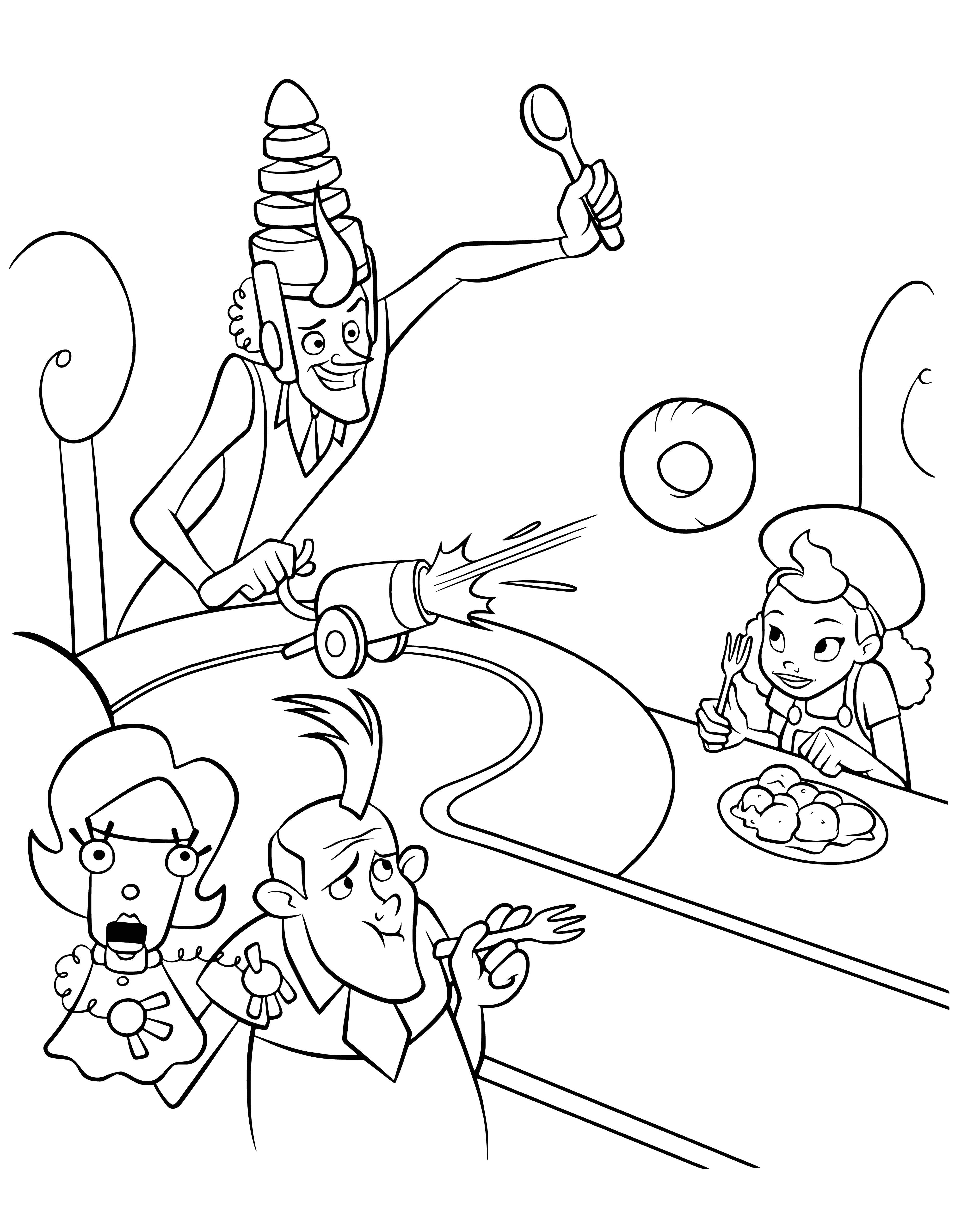 coloring page: Three people eating lunch; man w/ sandwich in middle, women w/ salad & soup on either side.