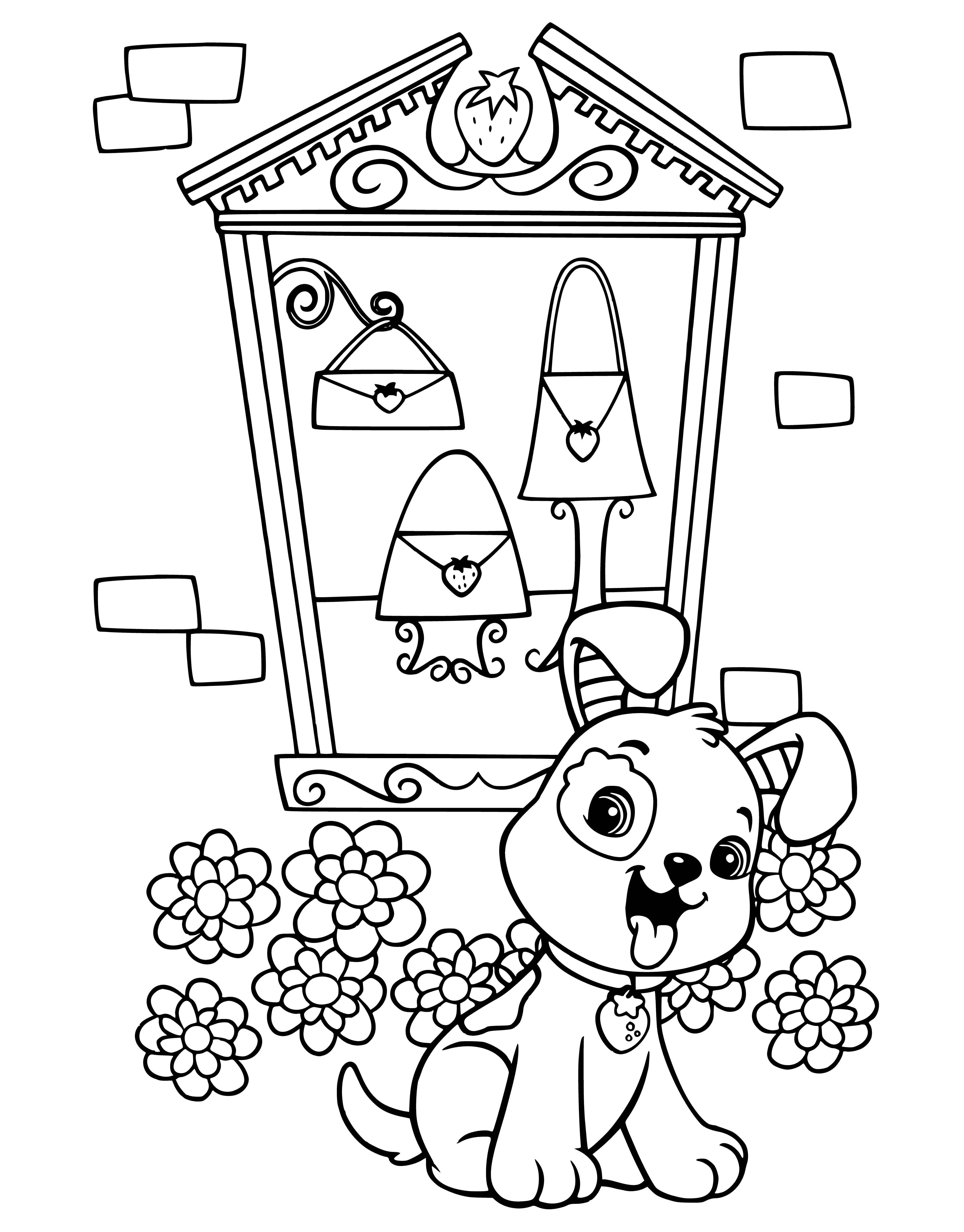 coloring page: Brown & white puppy on yellow blanket, strawberry with bite taken out to left. Purple & white striped bg completing the coloring page. #cute