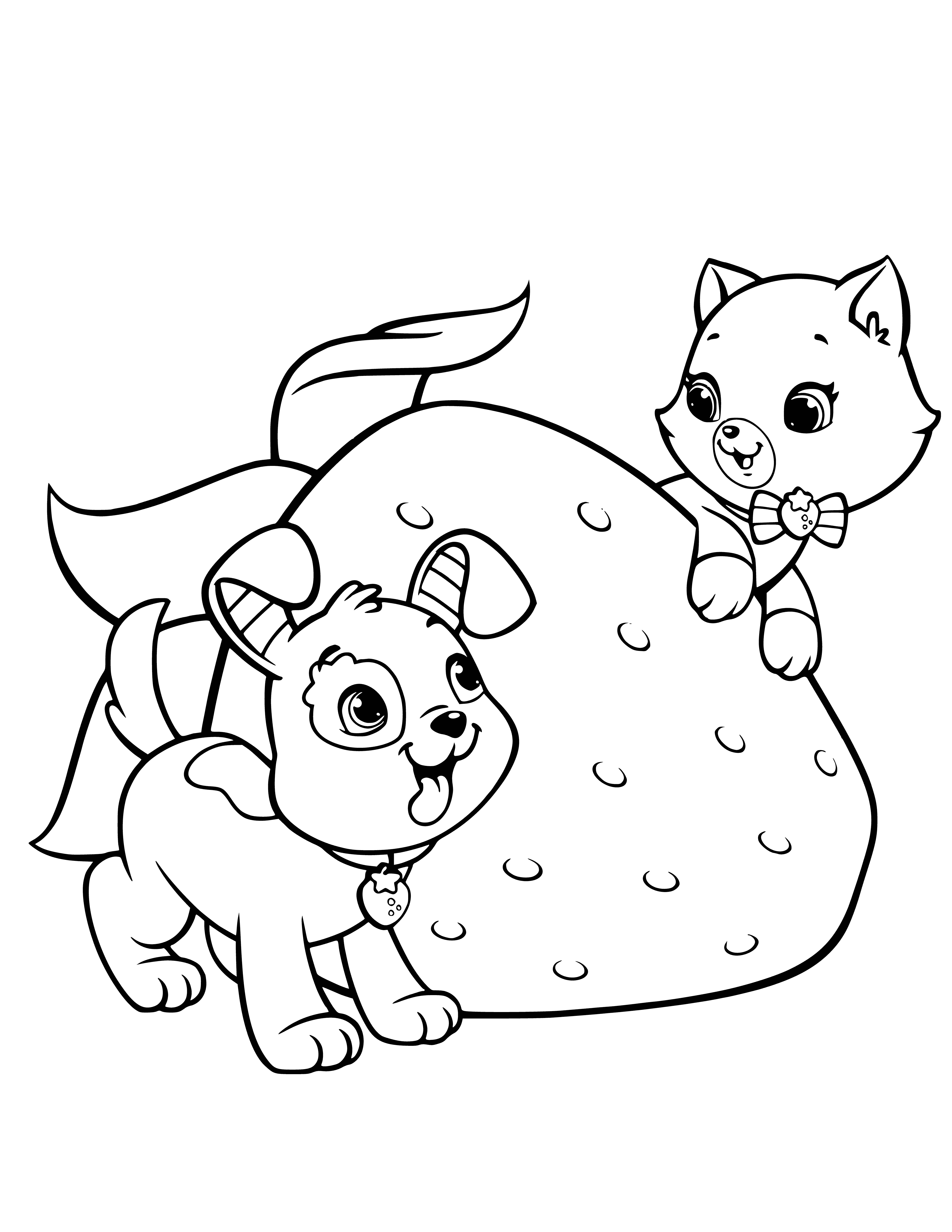 coloring page: White puppy & orange kitten face viewer in a grassy patch surrounded by pink flowers. The pup has a pink collar & strawberry on its head, while the kitten has a green bow in its hair.