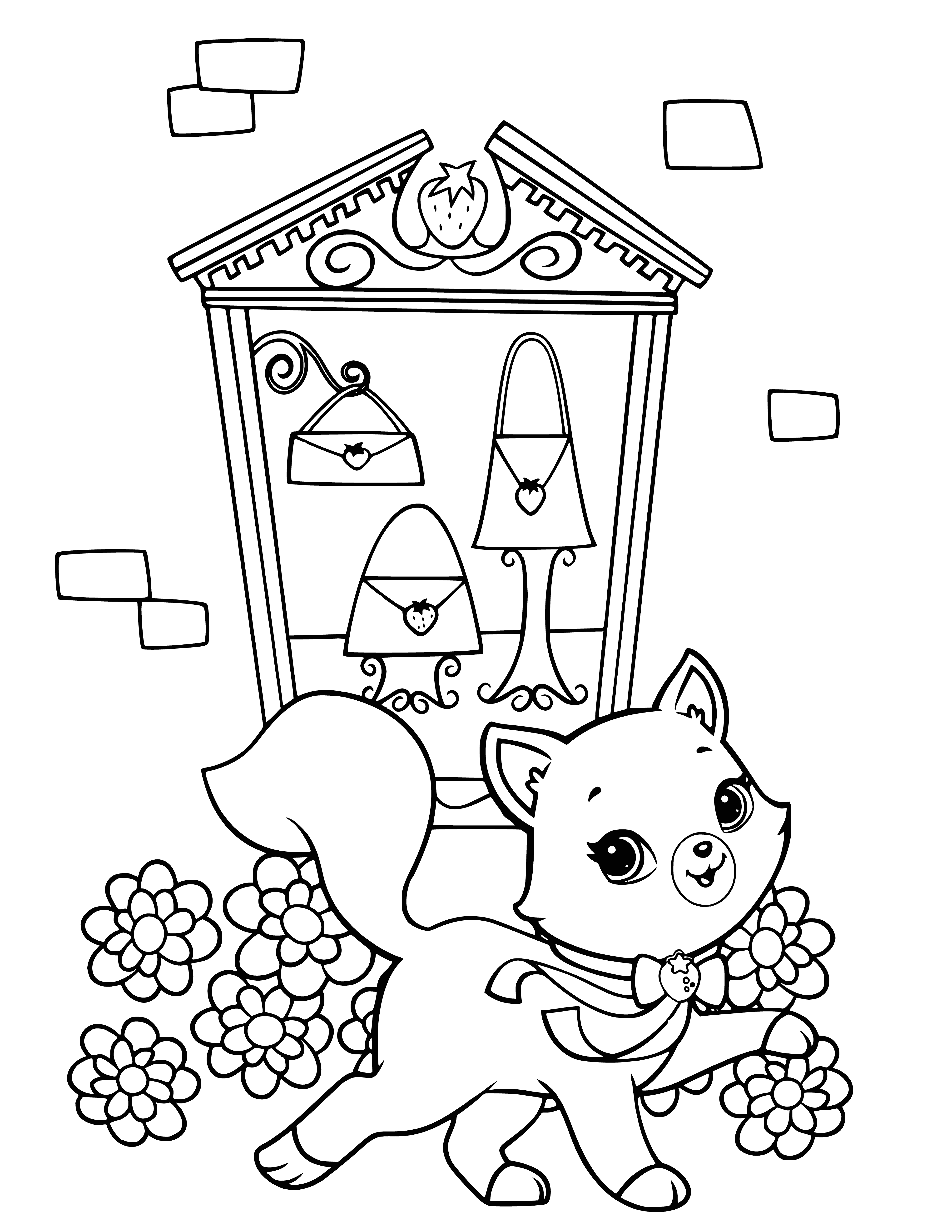 coloring page: Kitten Eclair is a small, brown & white kitty with big ears, blue eyes, & paws in the air while it lies on a pink blanket.