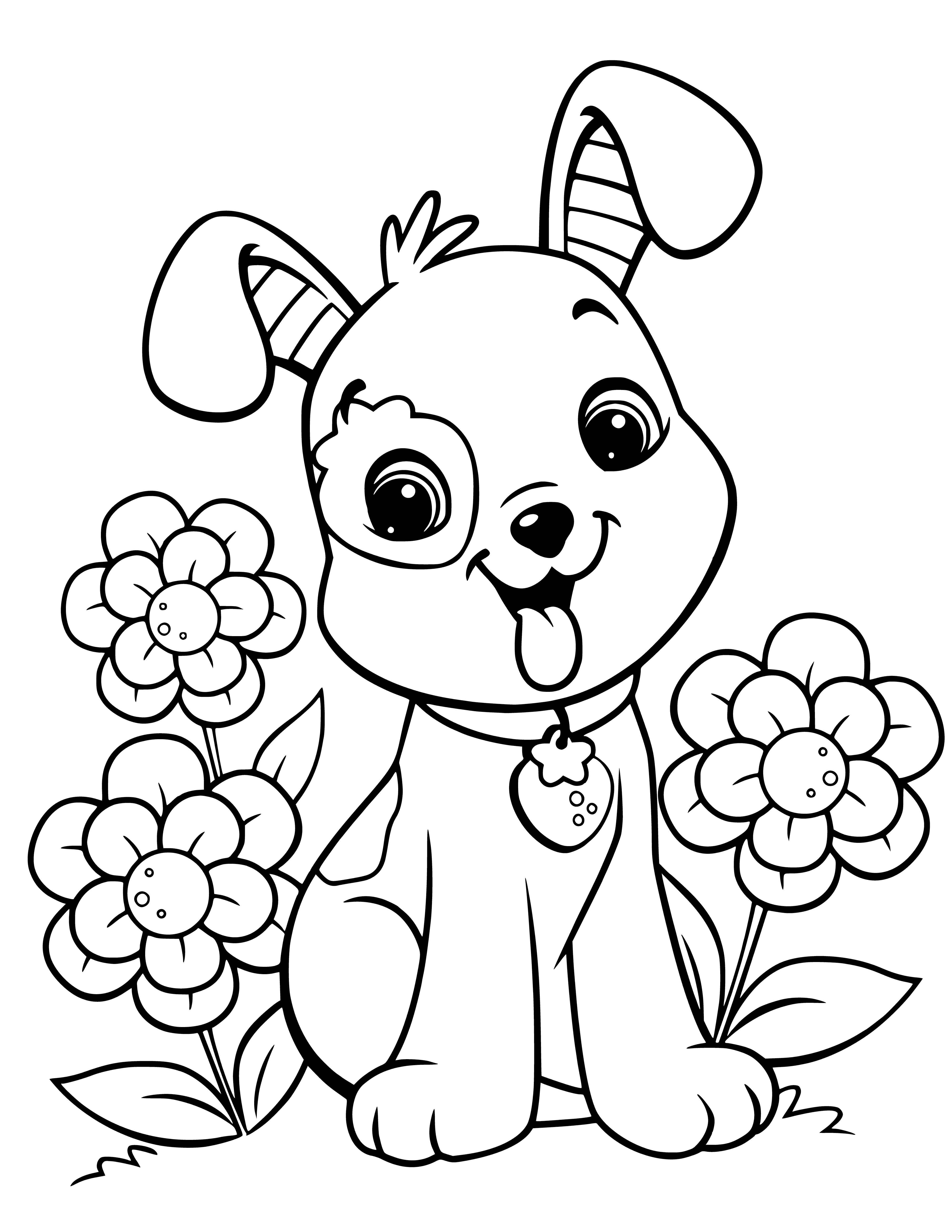 coloring page: Cute strawberry-colored puppy with brown nose, dark eyes, open mouth, tongue out, and a collar with a bow.