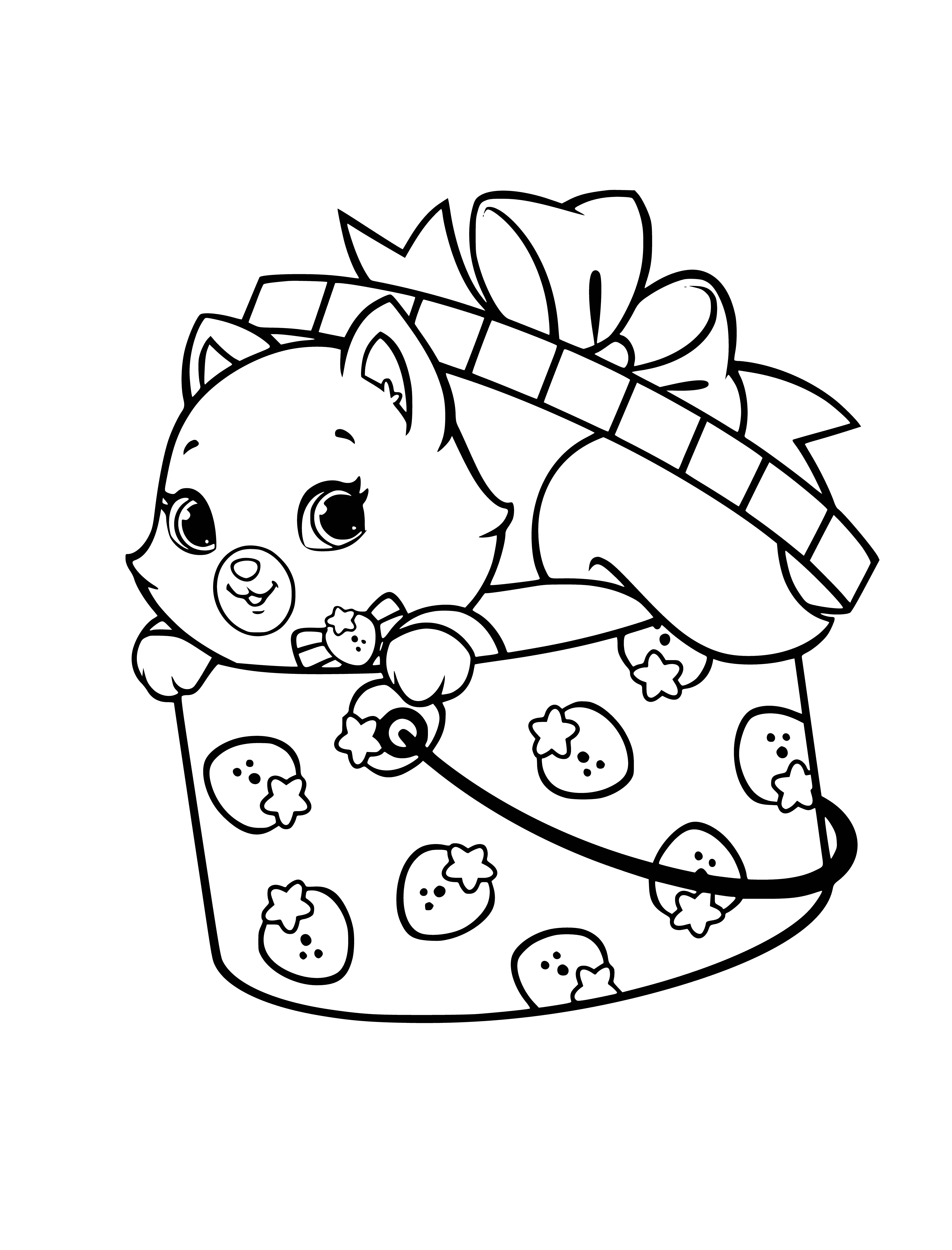 coloring page: Cute orange kitten licks paw and wears pink collar with bell. Green eyes and white spots complete the coloring page.