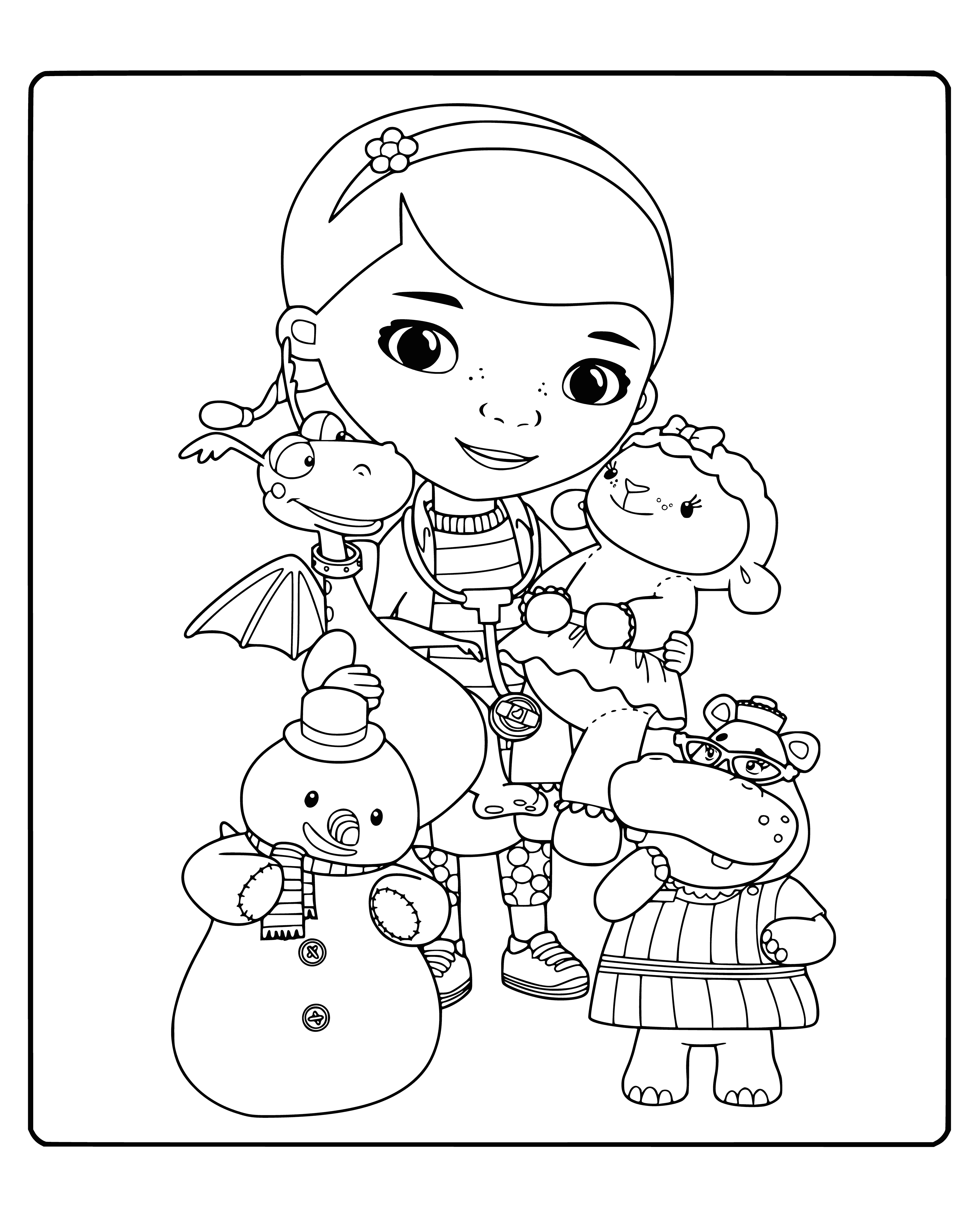 coloring page: Friends have a good time in Doc's room with a stuffed lamb, blue whale and brown teddy. All wearing smiles, even the lamb with a bandage on its leg.