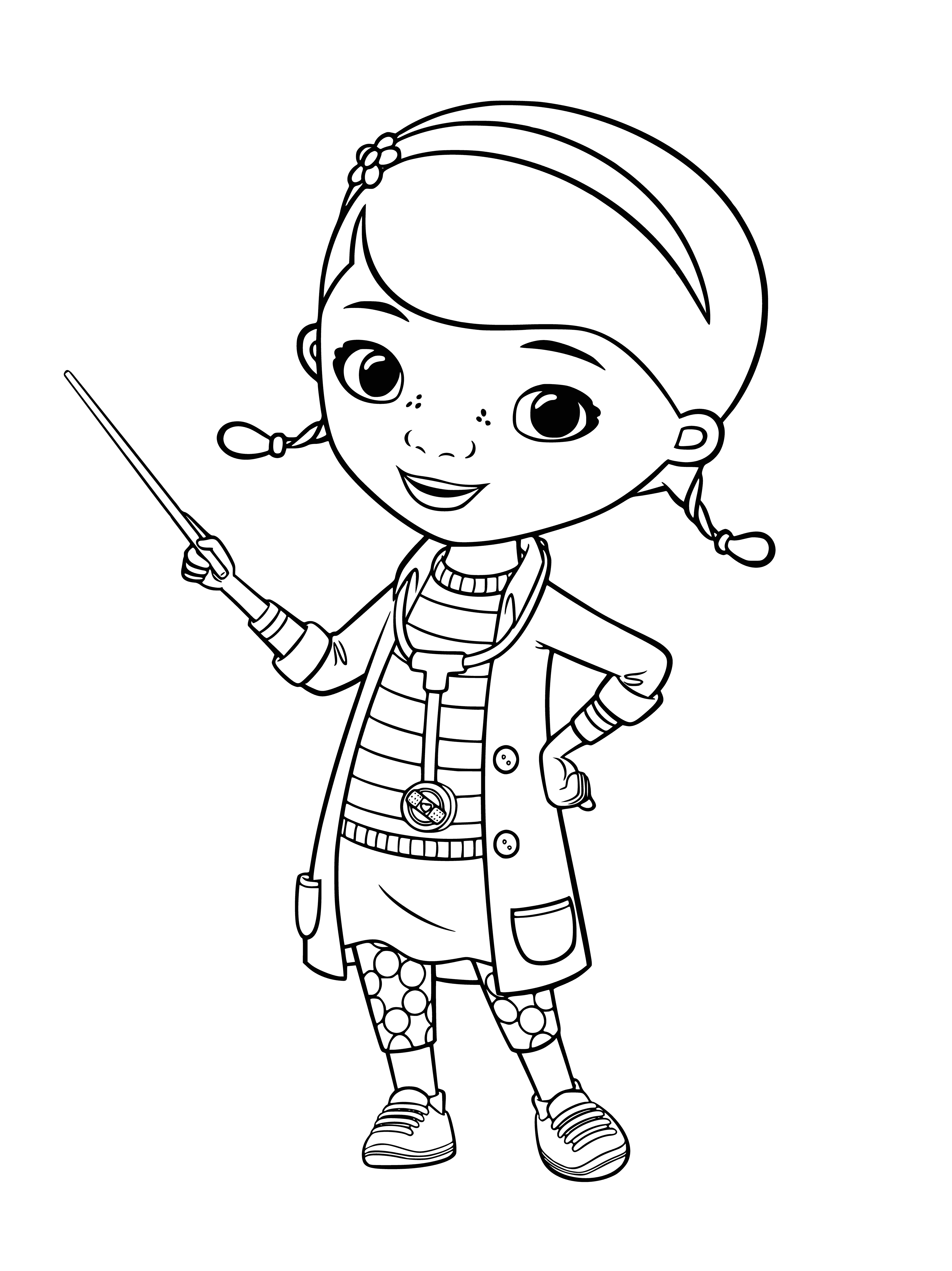 coloring page: Doc McStuffins is a doctor who helps toys. She wears a white coat and holds a toy while wearing a stethoscope. #DocMcStuffins