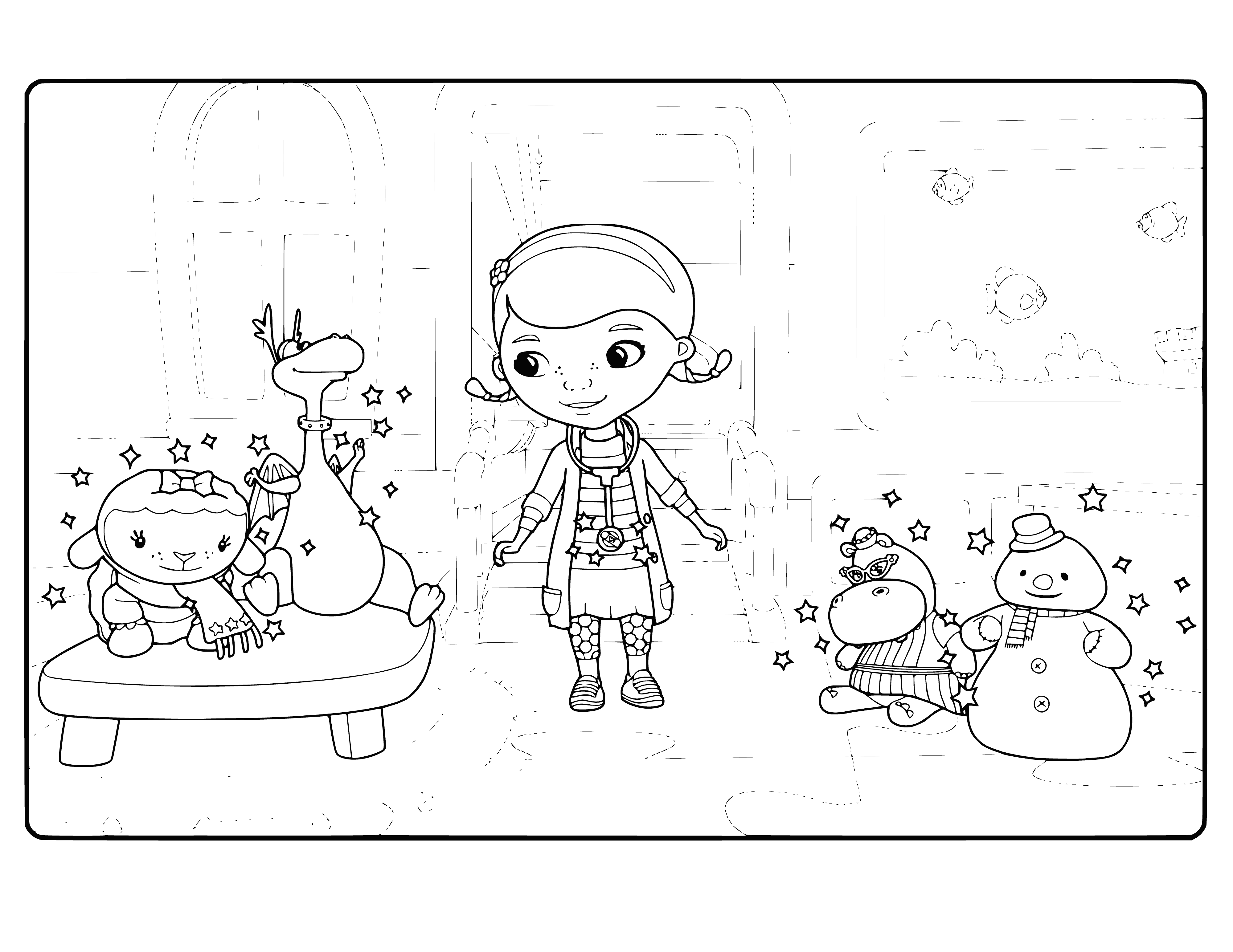 coloring page: Girl in pink doctor's coat listens to dragon's heartbeat as stuffed animals sit on checkered blanket. Unicorn looks worried.