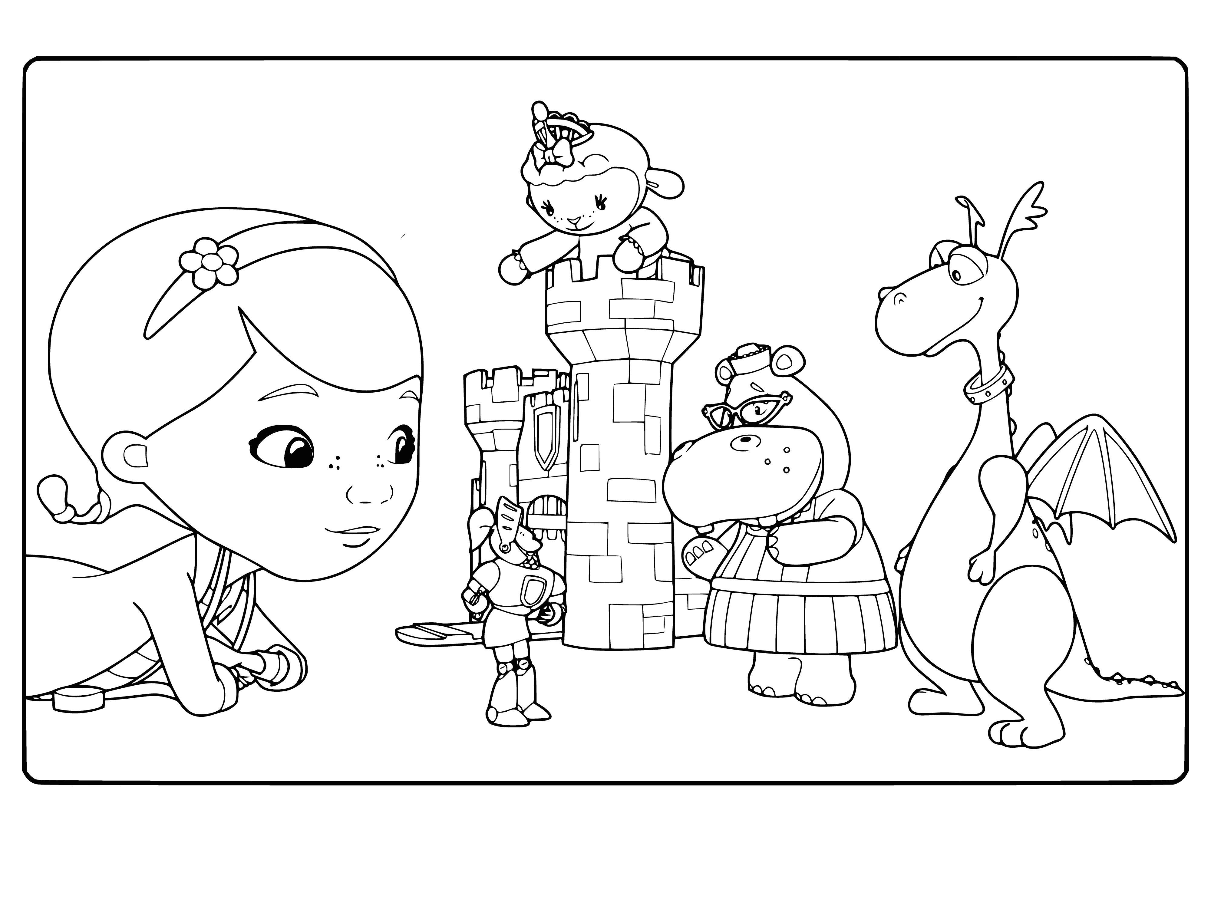coloring page: Doc McStuffins stands with Princess Lammy (pink dress & purple cape) & Knight Sir Kirby (blue armor & red cape) looking into the camera.