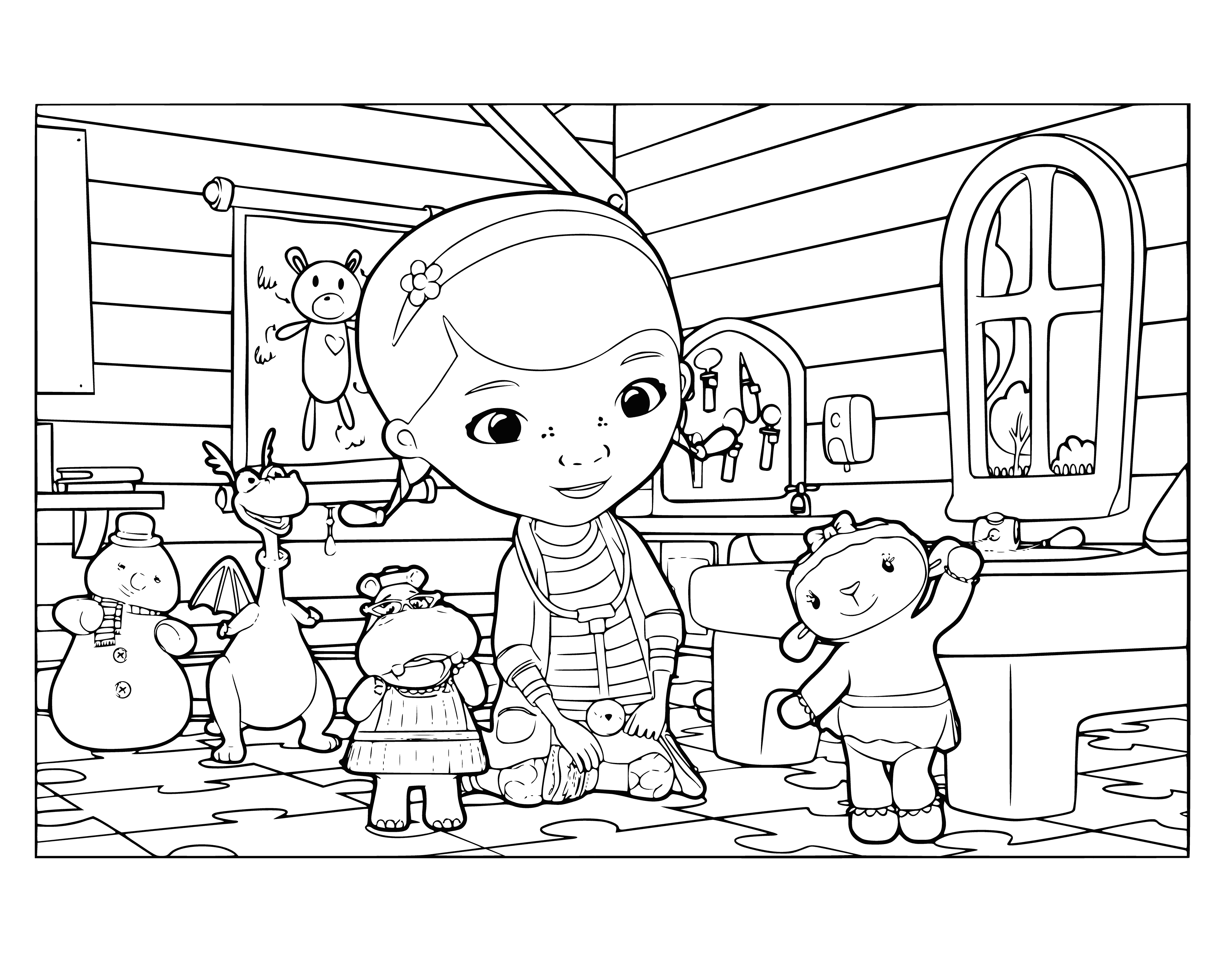 coloring page: Doc McStuffins is smiling at a teddy bear with a bandaged arm in her backyard, which has a trampoline, swing set and a white picket fence.
