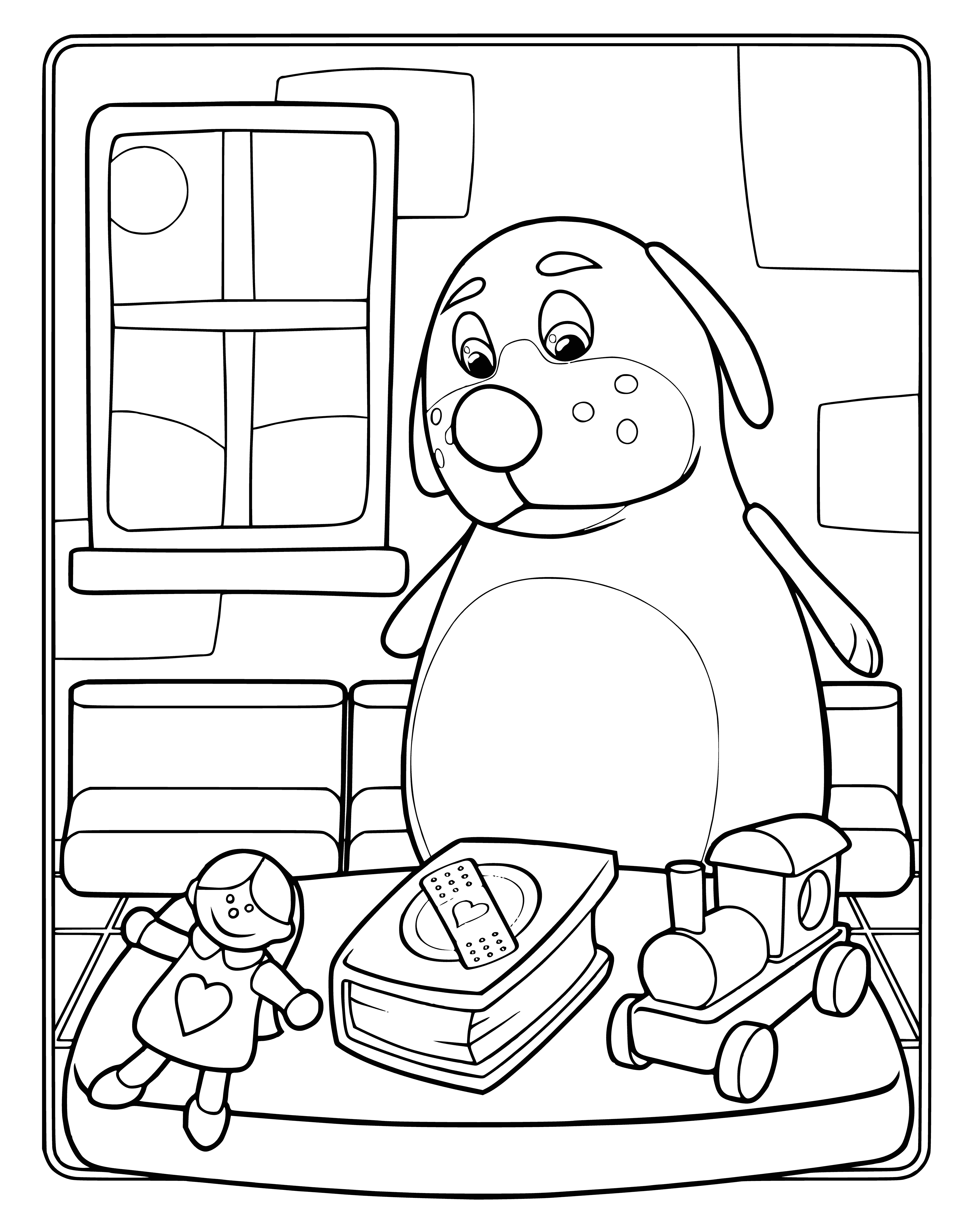coloring page: White dog with black spots and a blue collar, lying down.