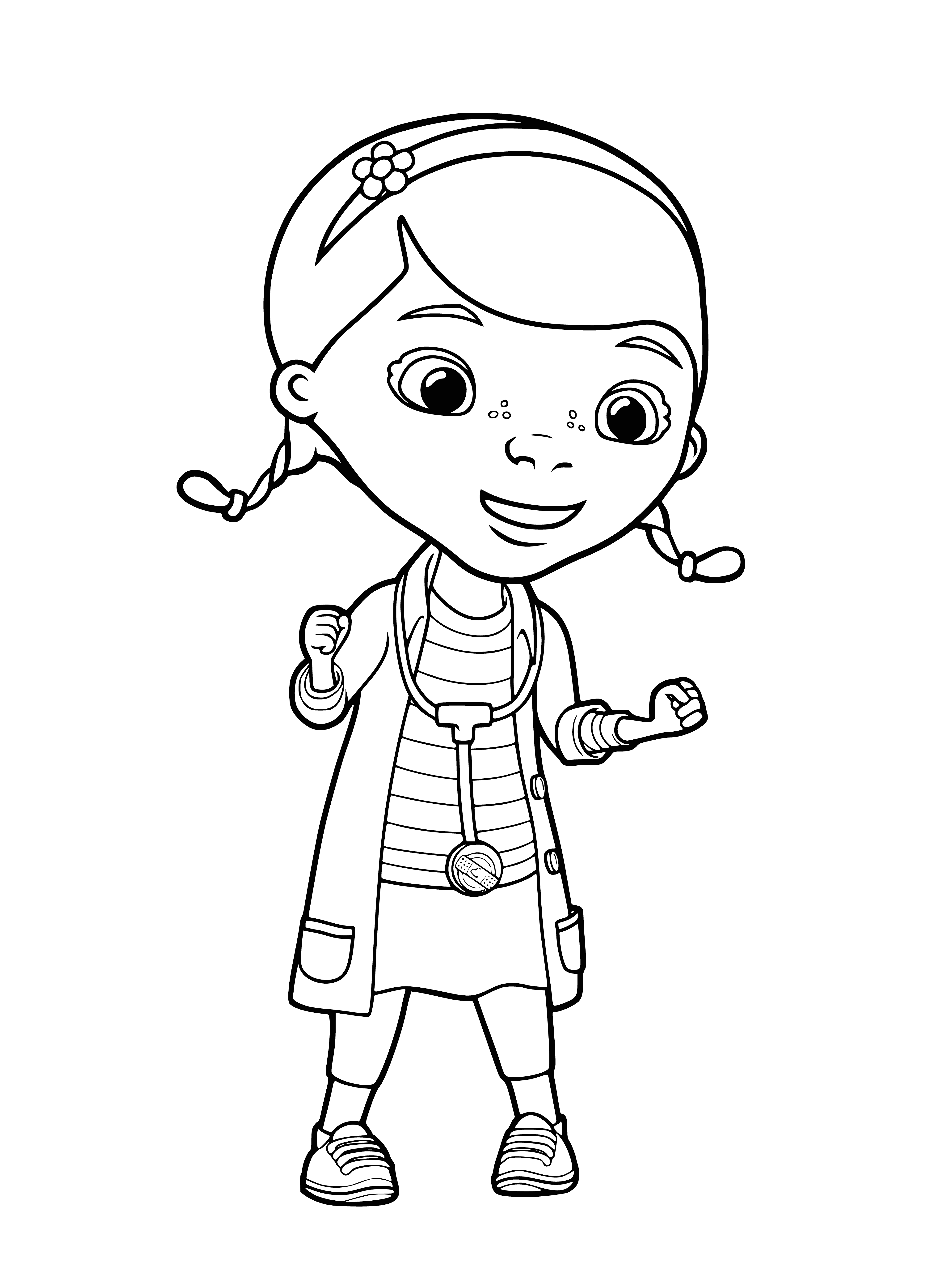 coloring page: Doctor with brown skin and curly black hair smiles, holding blue toy and wearing white coat, blue shirt, and white star headband. #diversity #empowerment