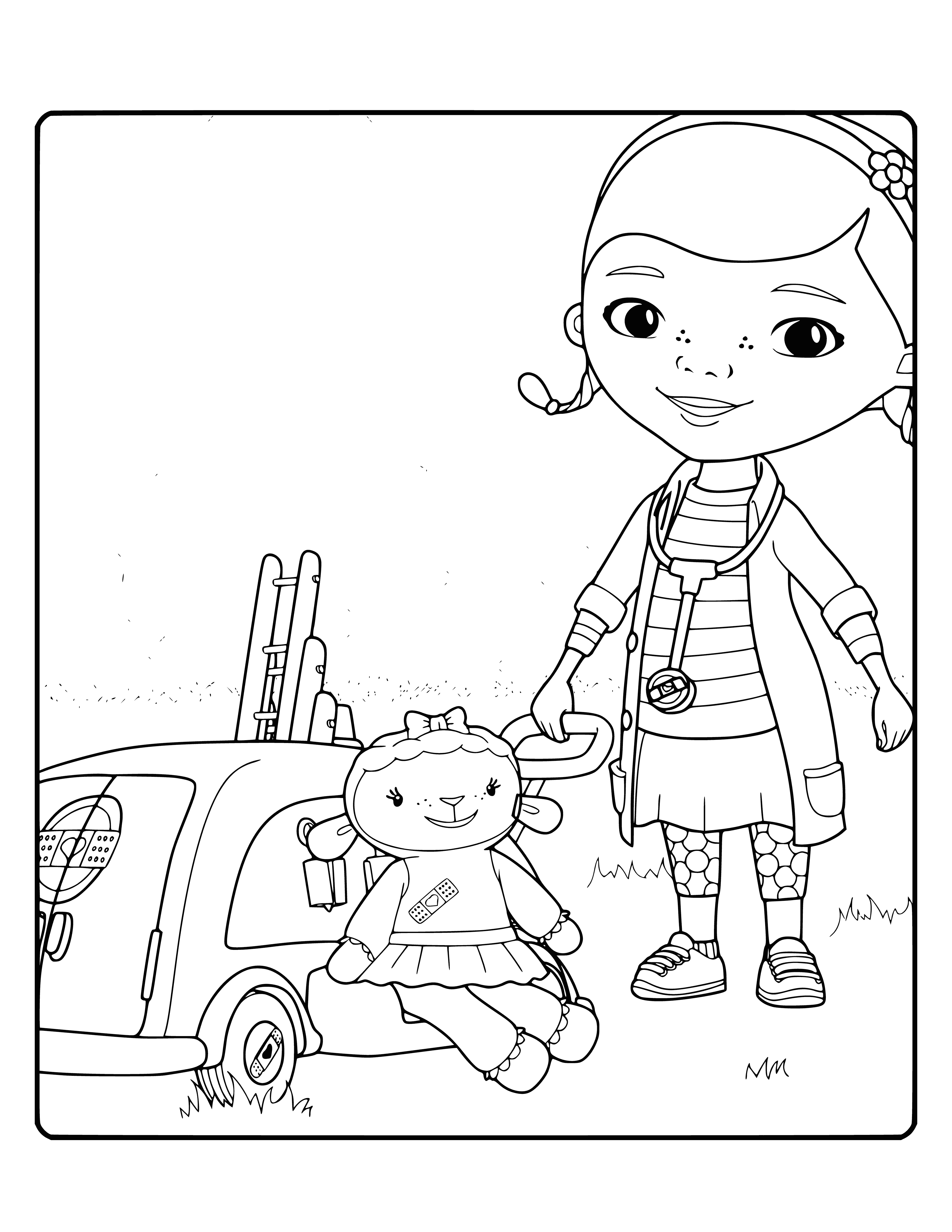 coloring page: Girl in a tutu and striped shirt plays and hugs a lamb with blue bow; laughter abounds.