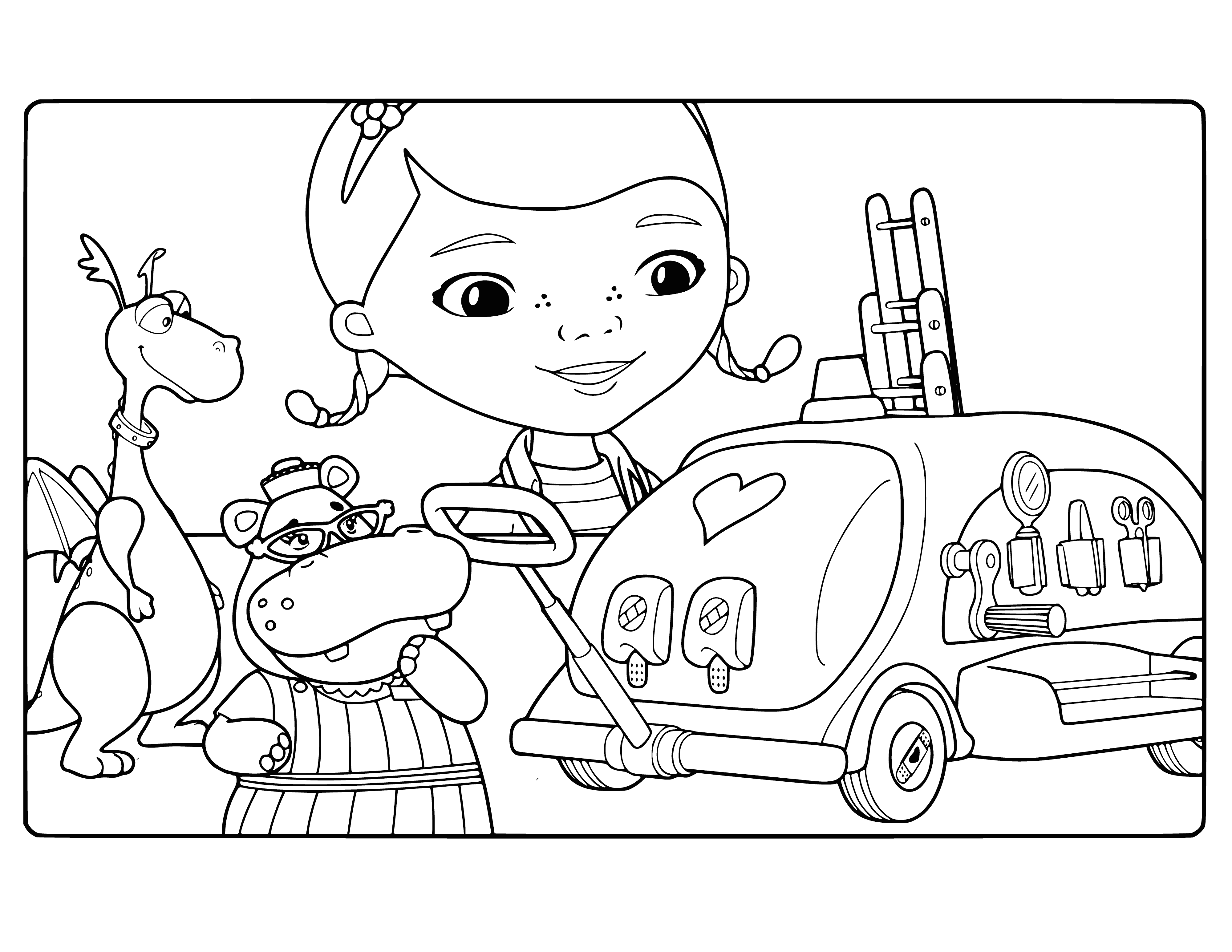 coloring page: Girl in doctor's outfit examines stuffed animal with stethoscope, giving it a checkup.
