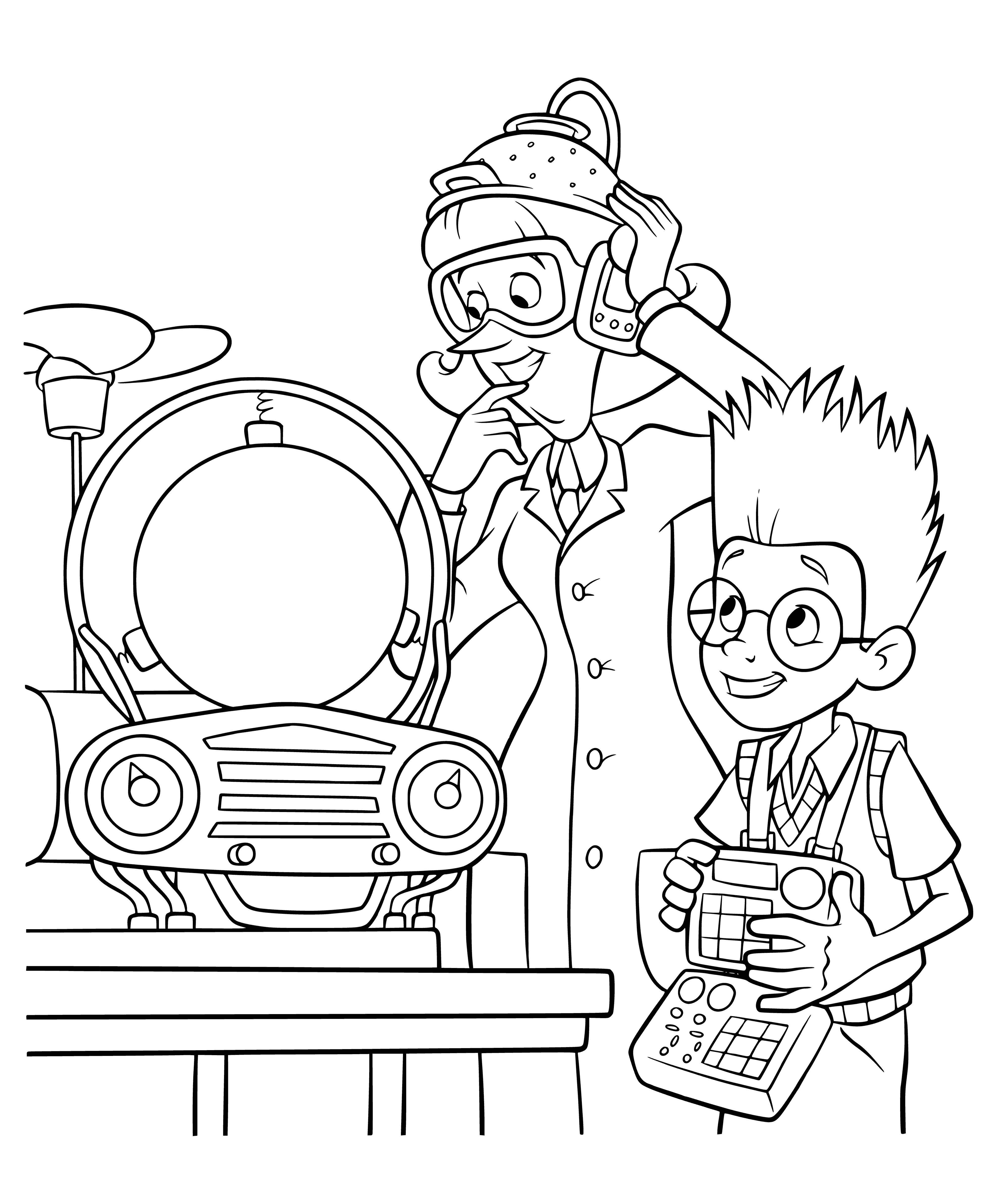 coloring page: A large yellow machine has a black handle on left & blue button on right. On front, a small green light & sign says "Memory Shaper".