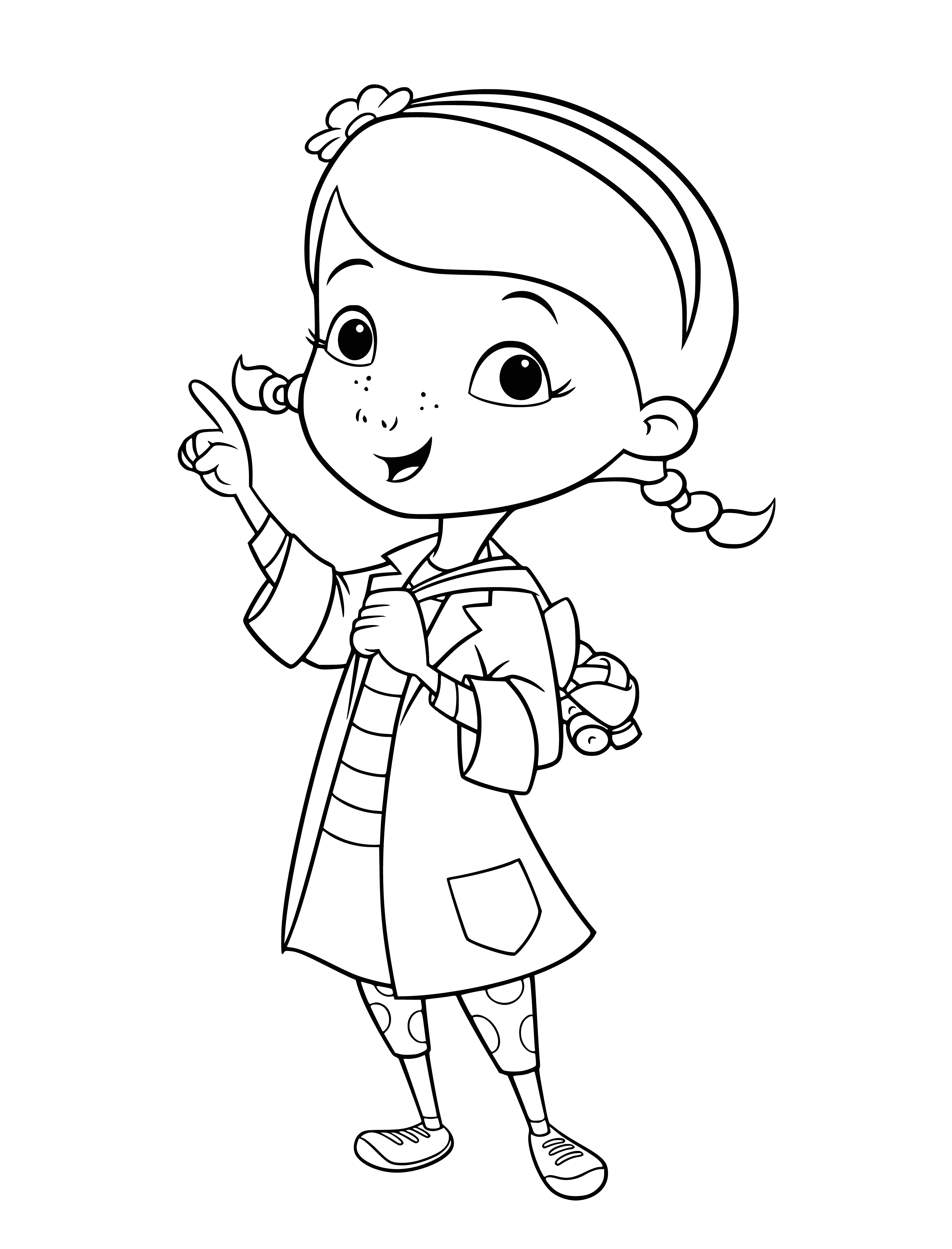 coloring page: A childhood girl looks into the camera, big eyes and puffy cheeks - wearing glasses, a headband and two floppy ears. #DocMcStuffins