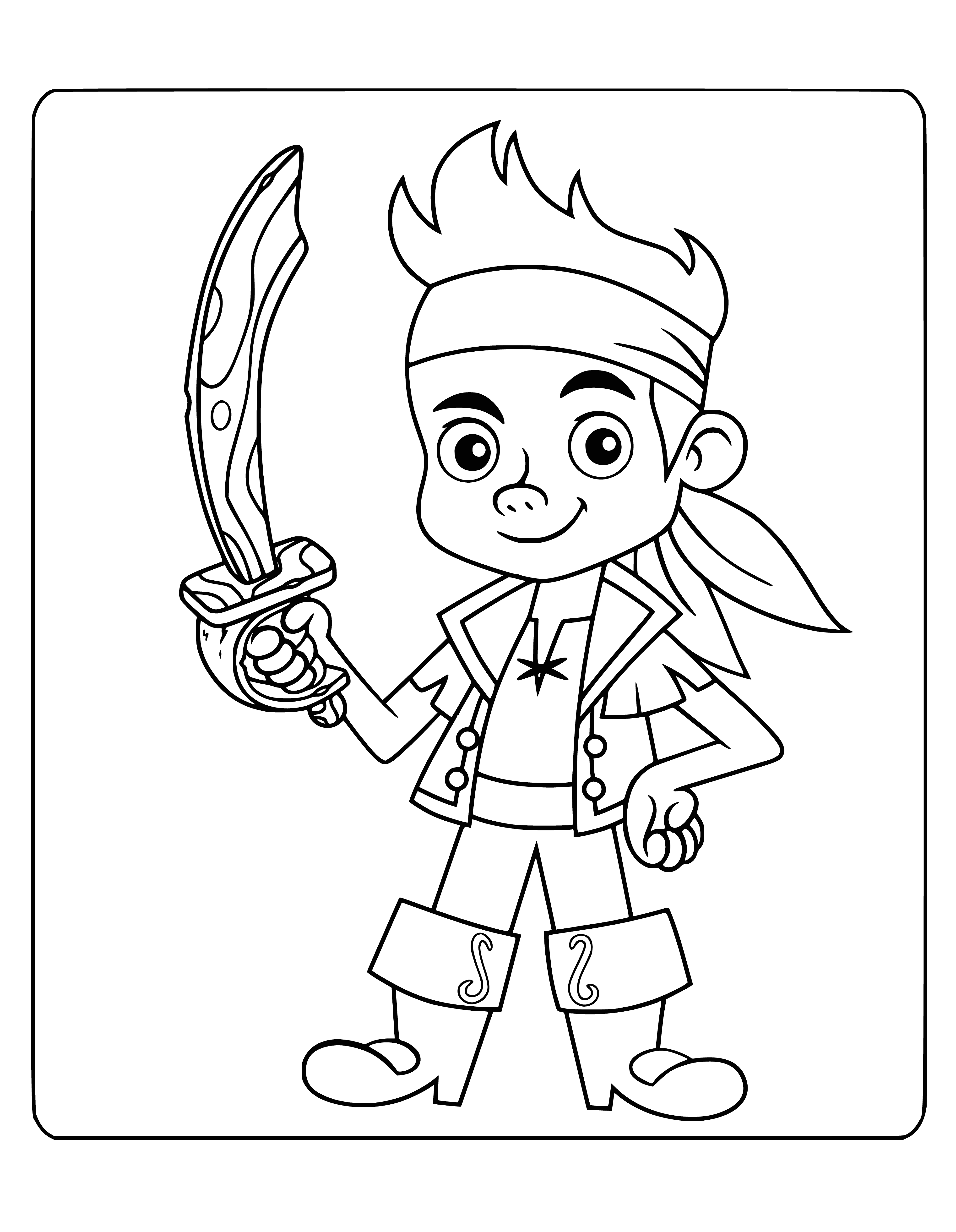 coloring page: Jake, a young boy with black hair, is standing on a beach wearing a pirate hat and waving a pirate flag. Blue pants, red & white striped shirt. Feet in water.