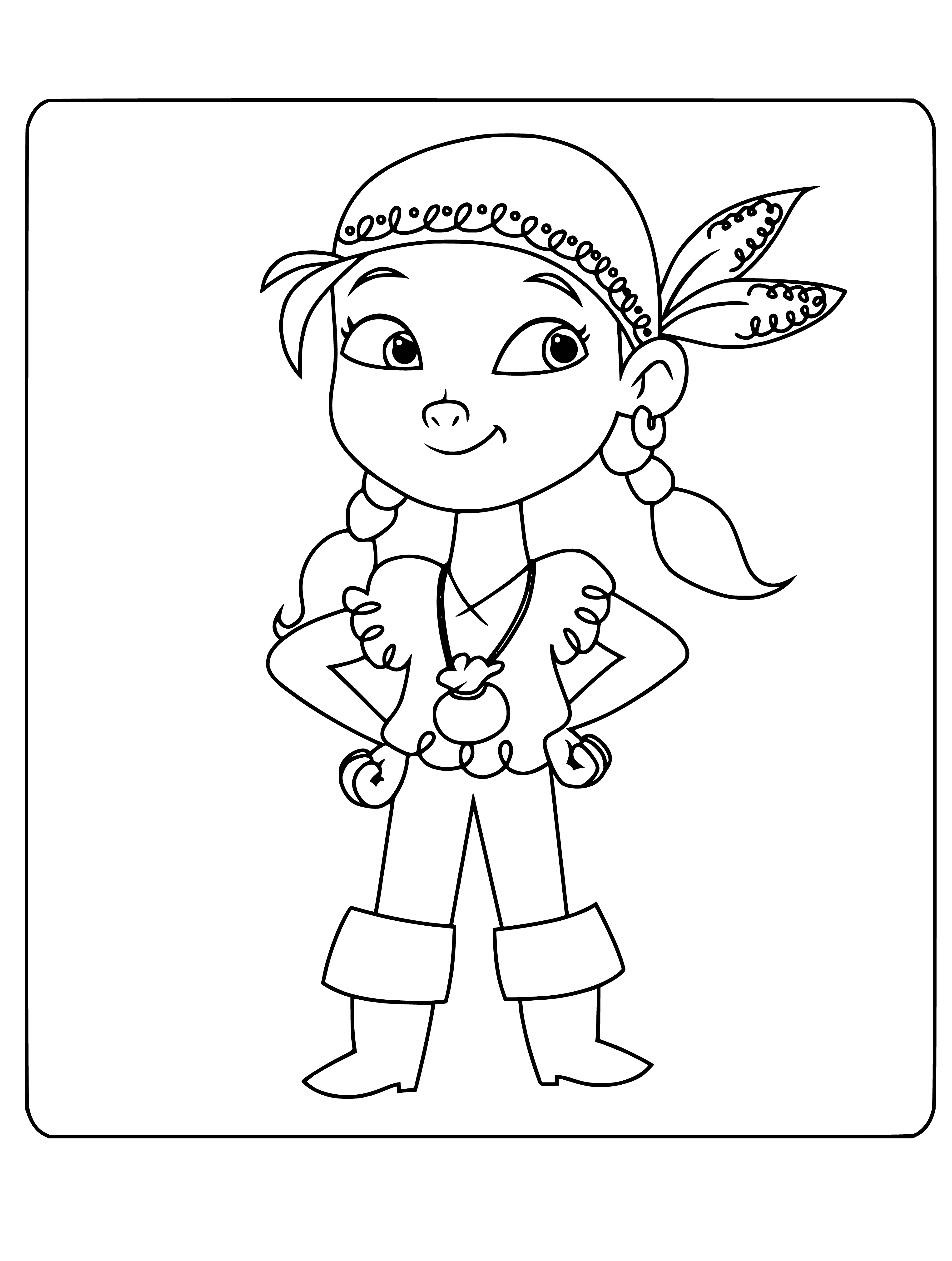coloring page: Izzi is a small girl with dark skin and black hair who wears a pink and purple dress. She's helpful and ready to lend a friend a hand.