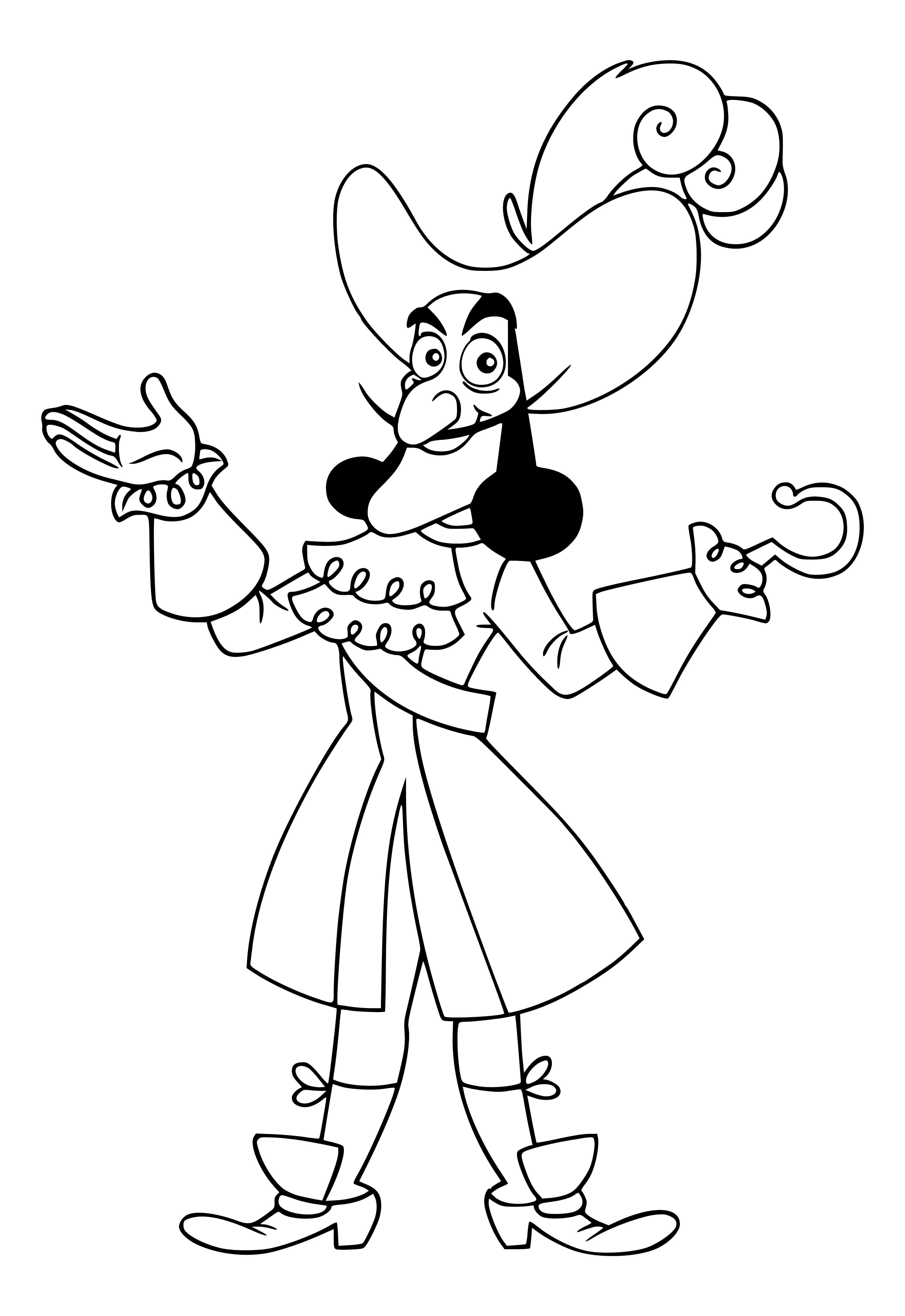 coloring page: Captain Hook is a villainous pirate with a peg leg & hook hand, always trying to capture Jake & friends, but never succeeding.