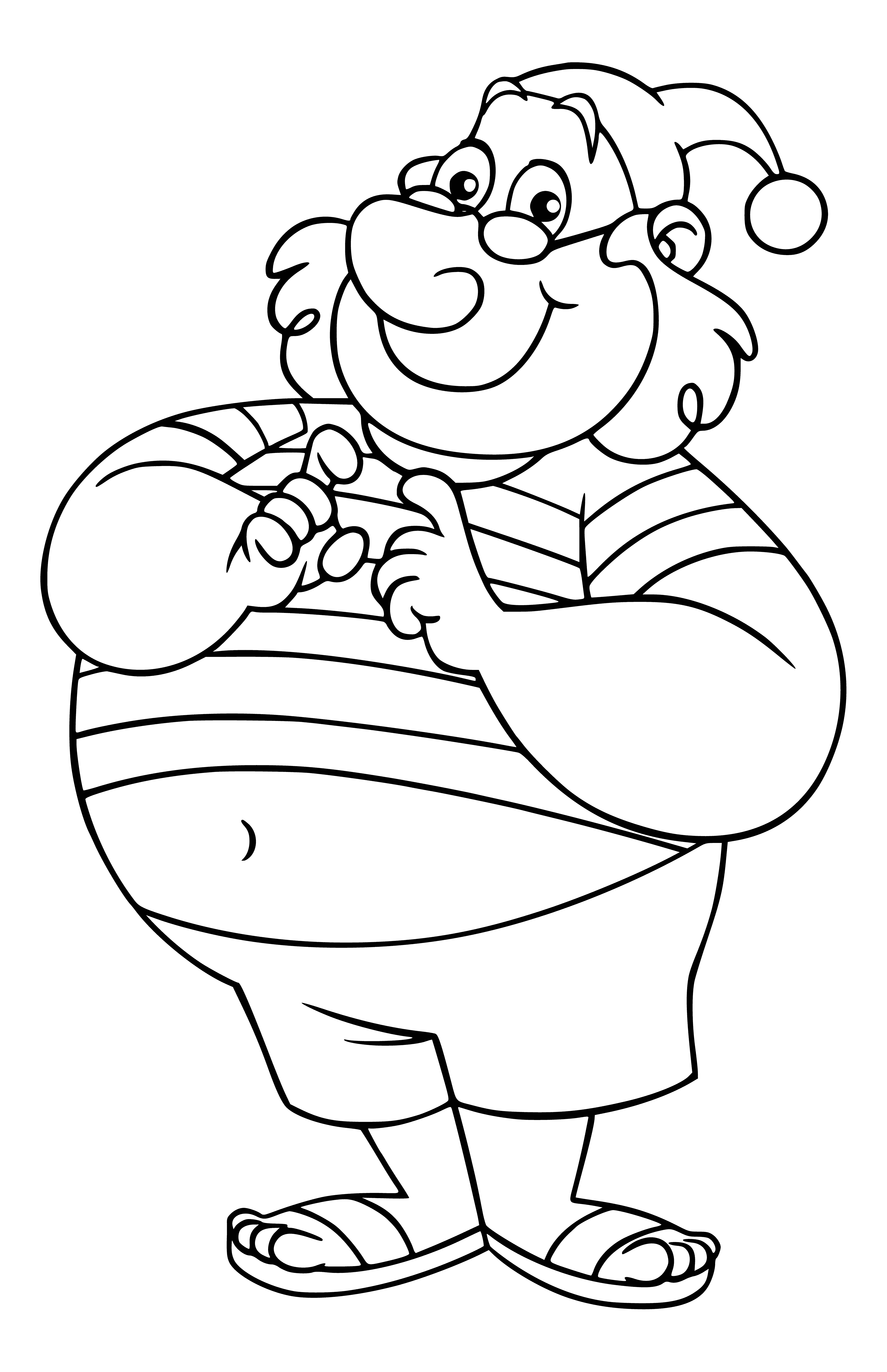 coloring page: Mr. Smee is a large, heavyset man in a red bandanna, striped shirt, and black vest with a knife and pistol. He stands on a beach in front of a small rowboat with a white sail.