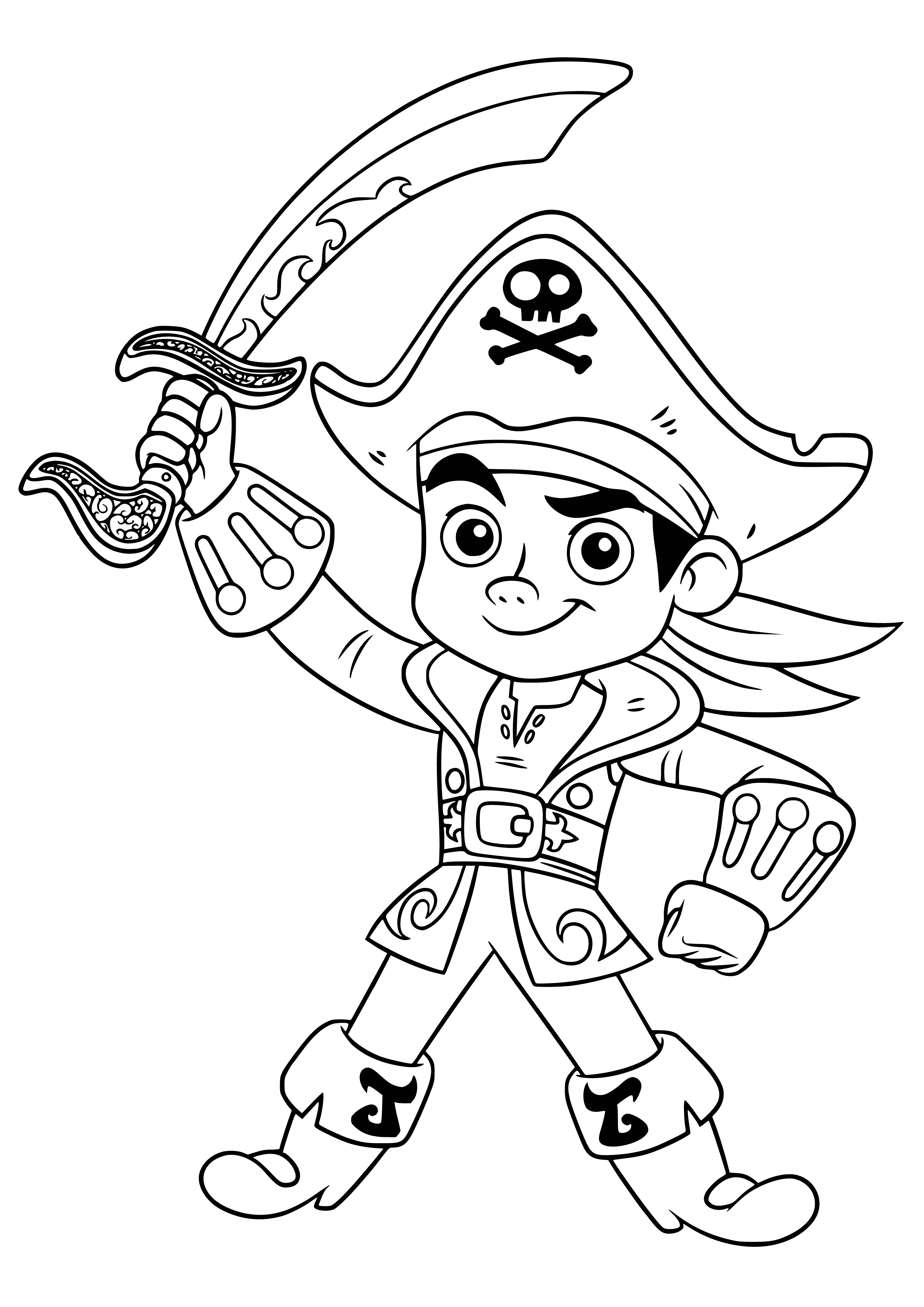 coloring page: A boy w/ light brown skin & black hair stands on a beach in front of a green pirate ship w/ a treasure chest. He wears a red bandana & shirt, brown pants, & a gold hook for his right hand. #Pirates #Treasure