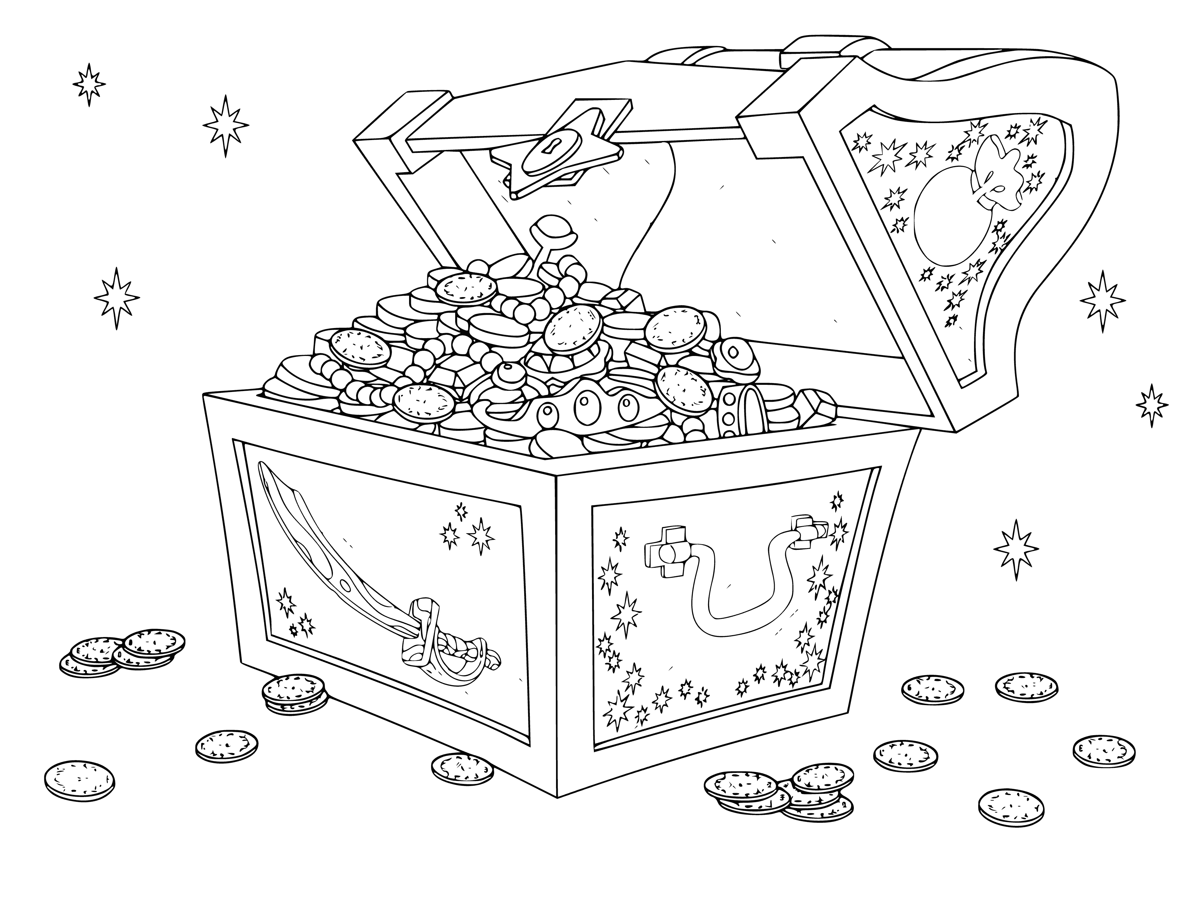 coloring page: Treasure chest with skull design and keyhole, brown color with golden details - looks great!