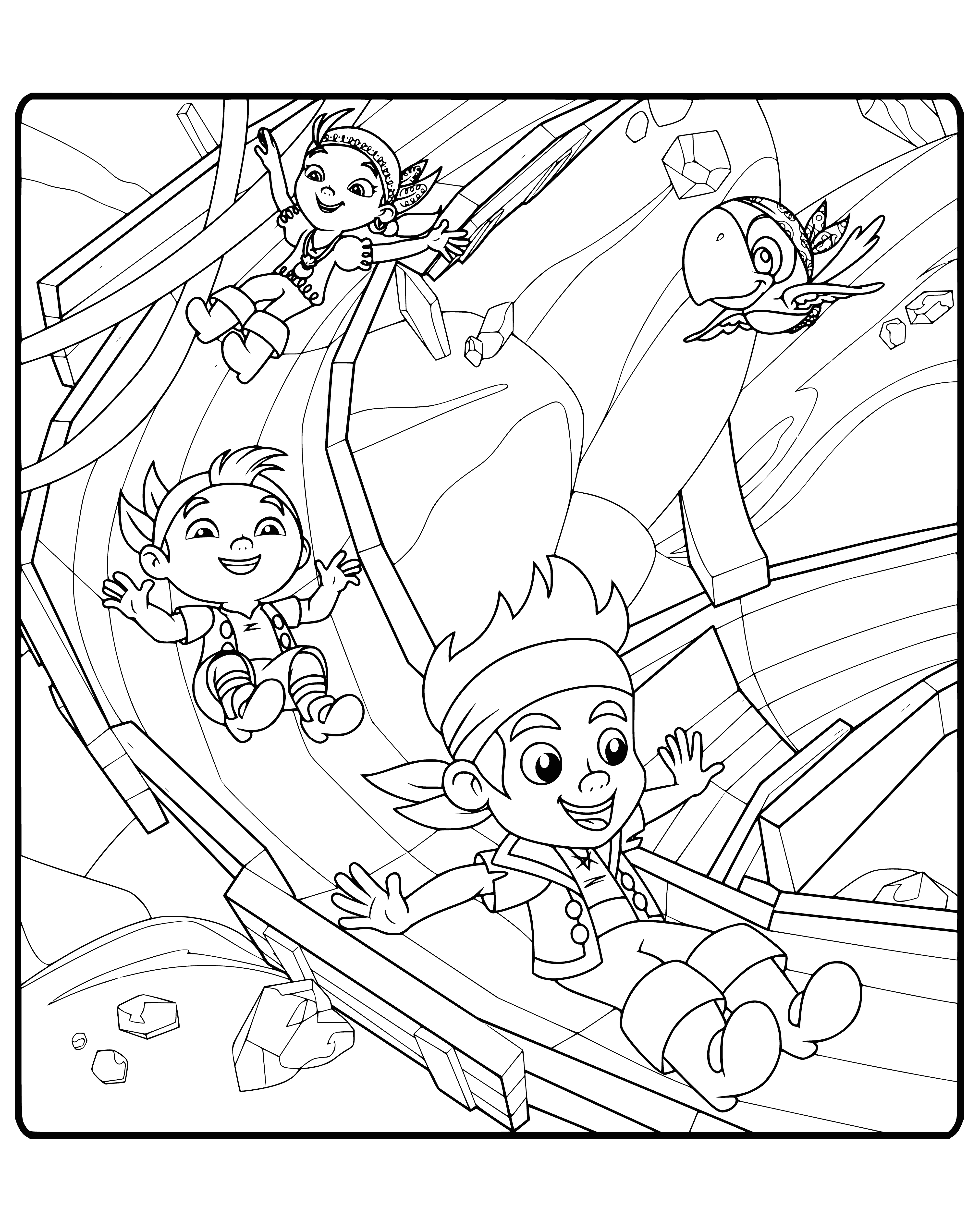 coloring page: Friends Jake, Cubby and Izzy roll down a hill while admiring the beautiful green trees and blue sky.