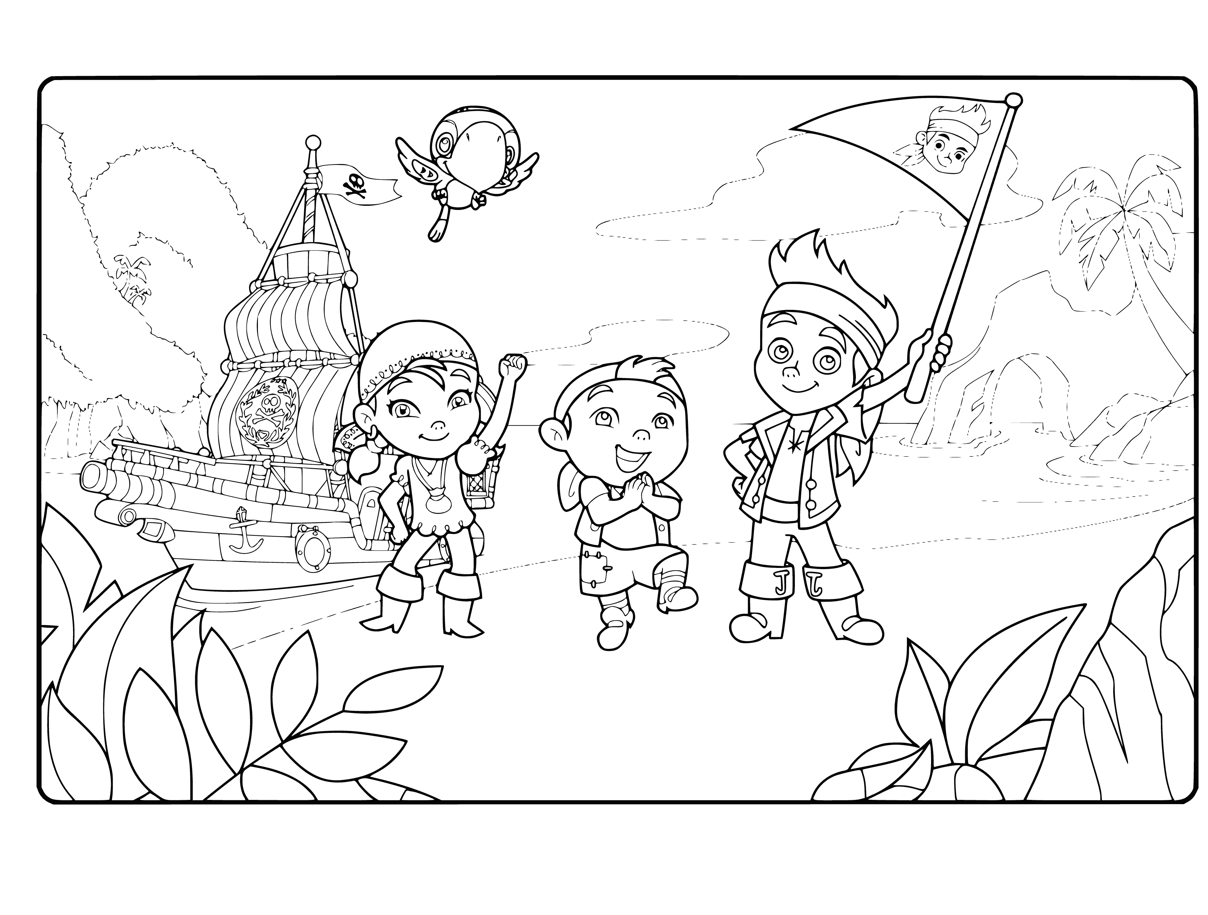 coloring page: 6 kids on dock wearing pirate clothes, 3 girls & 3 boys, 2 girls w/ black hair, 1 girl w/ brown hair, 2 boys w/ brown & 1 w/ black hair. Pirate ship in water sails up.