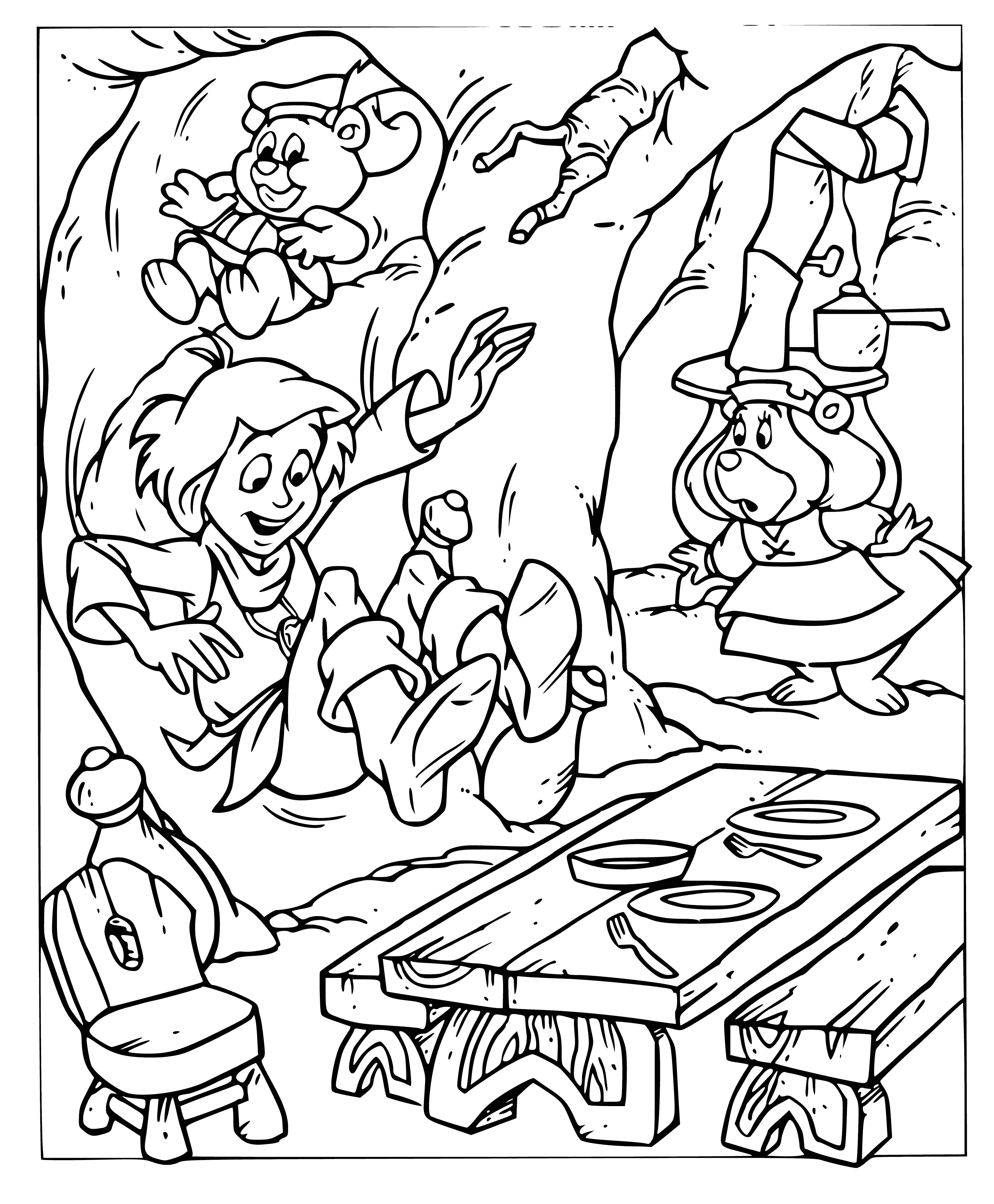 coloring page: Five gummi bears, each in a different color (yellow, green, orange, brown, and pink), are standing on their hind legs with outstretched arms and round heads with small ears.
