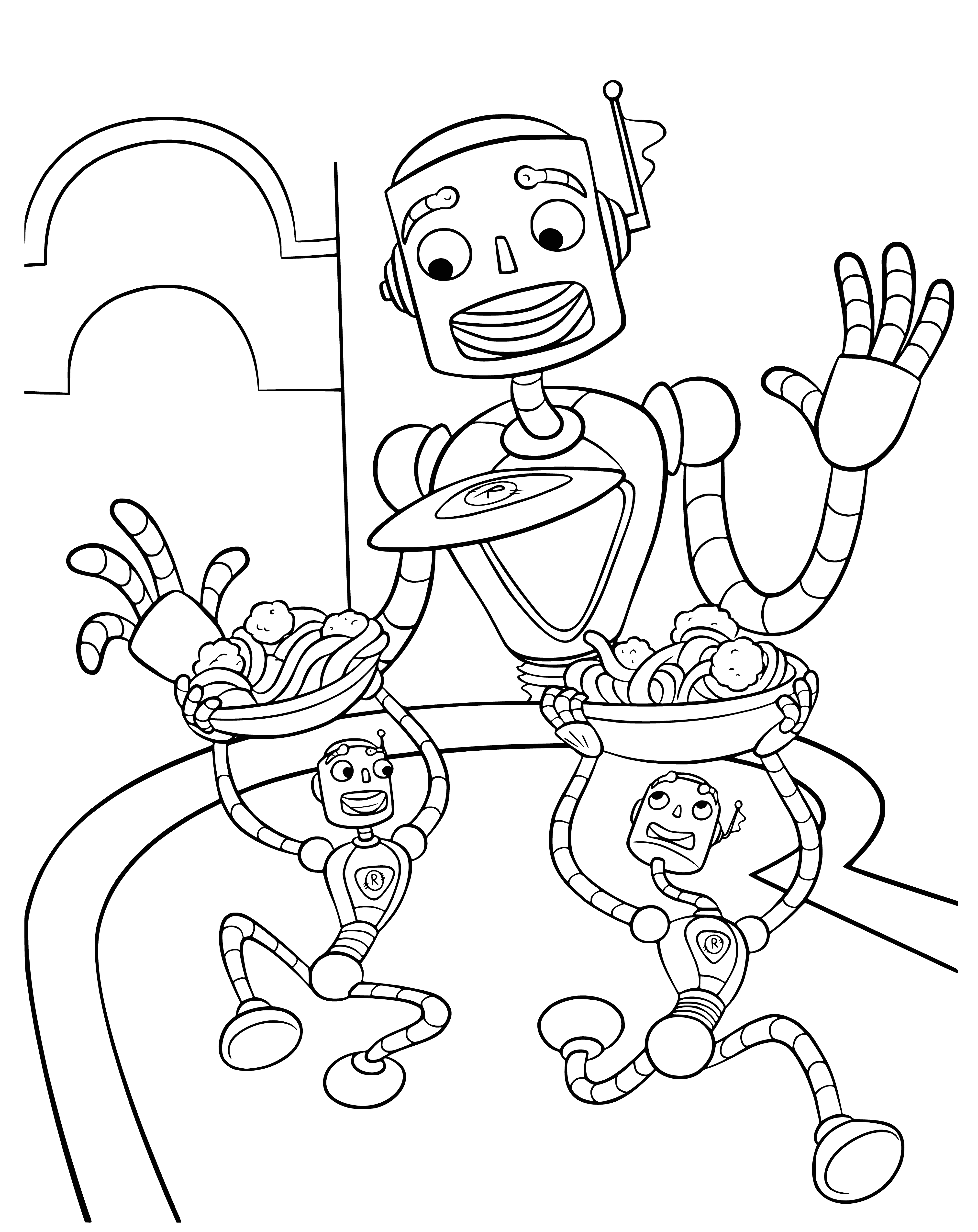 coloring page: Robots working hard to complete a task efficiently and organized, under the orders of a large robot in the center. #MeetTheRobinsons #Robots