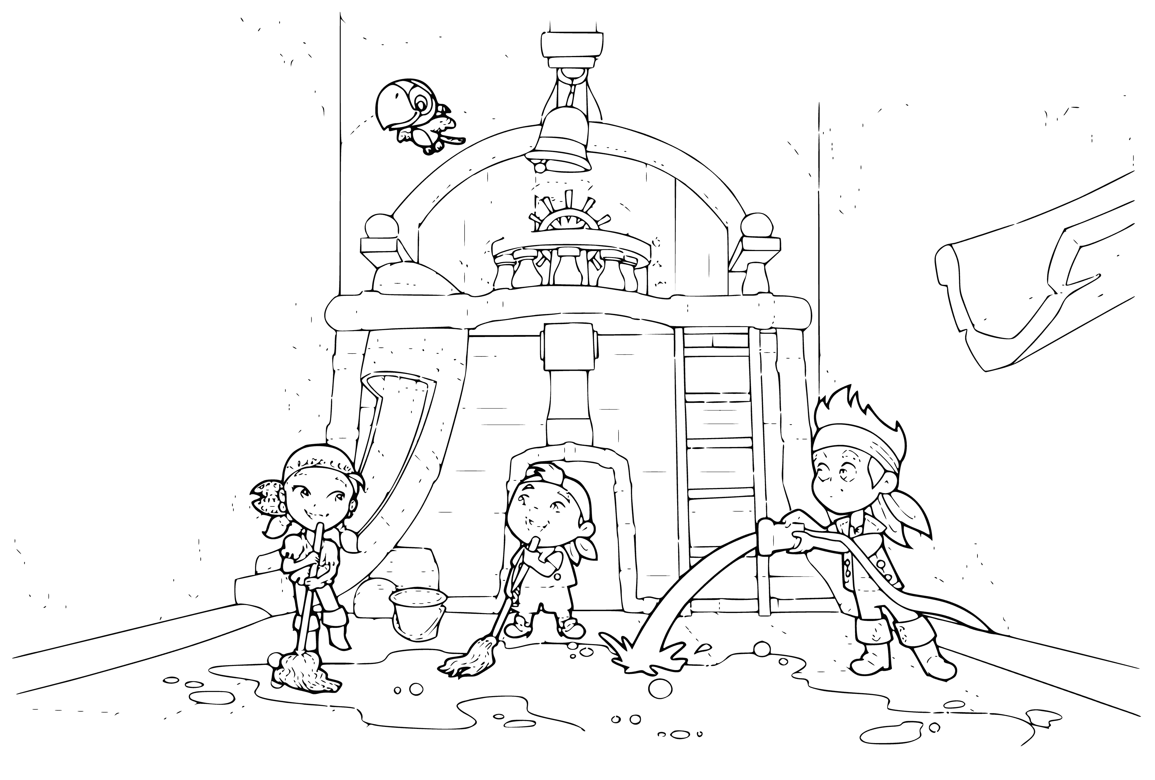 coloring page: Jake and crew scrubbing the deck of the Never Land Pirate Ship with a brush, cloths, water & sponge.
