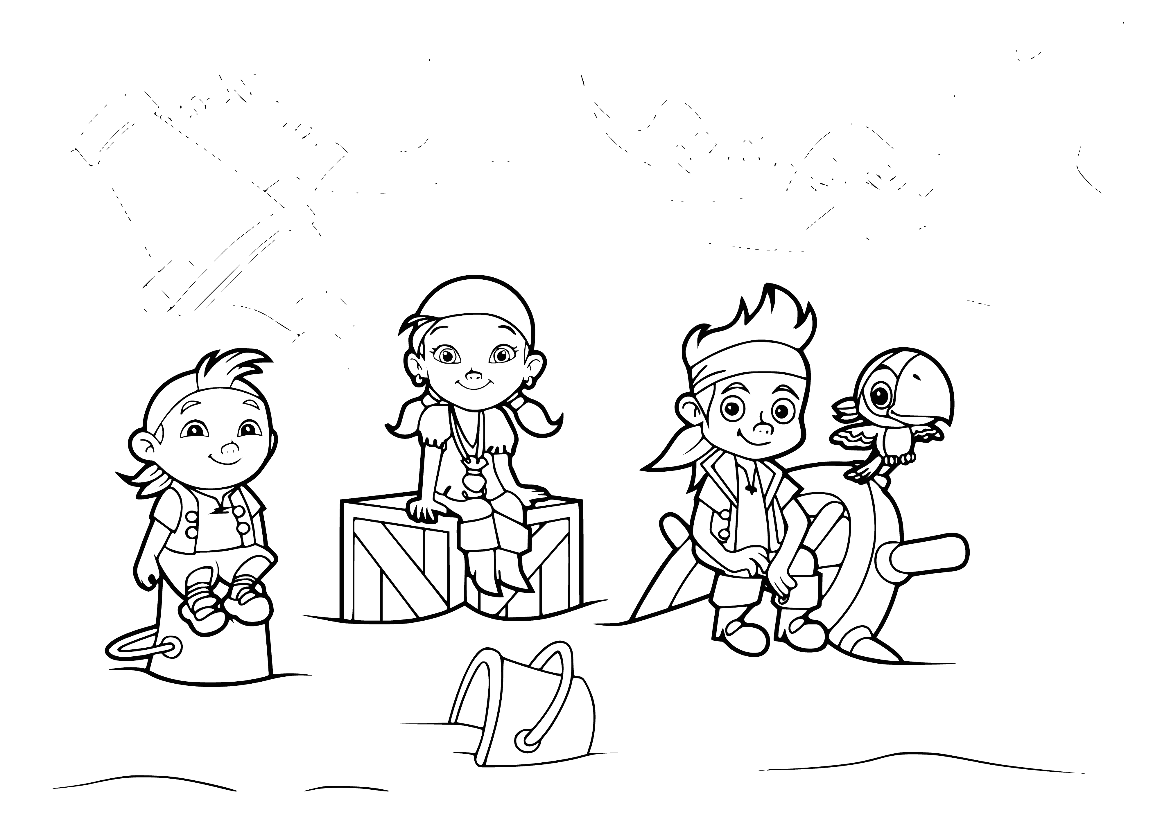 coloring page: 4 figures in coloring page: kids holding sword & wand; adults holding rifle & book.