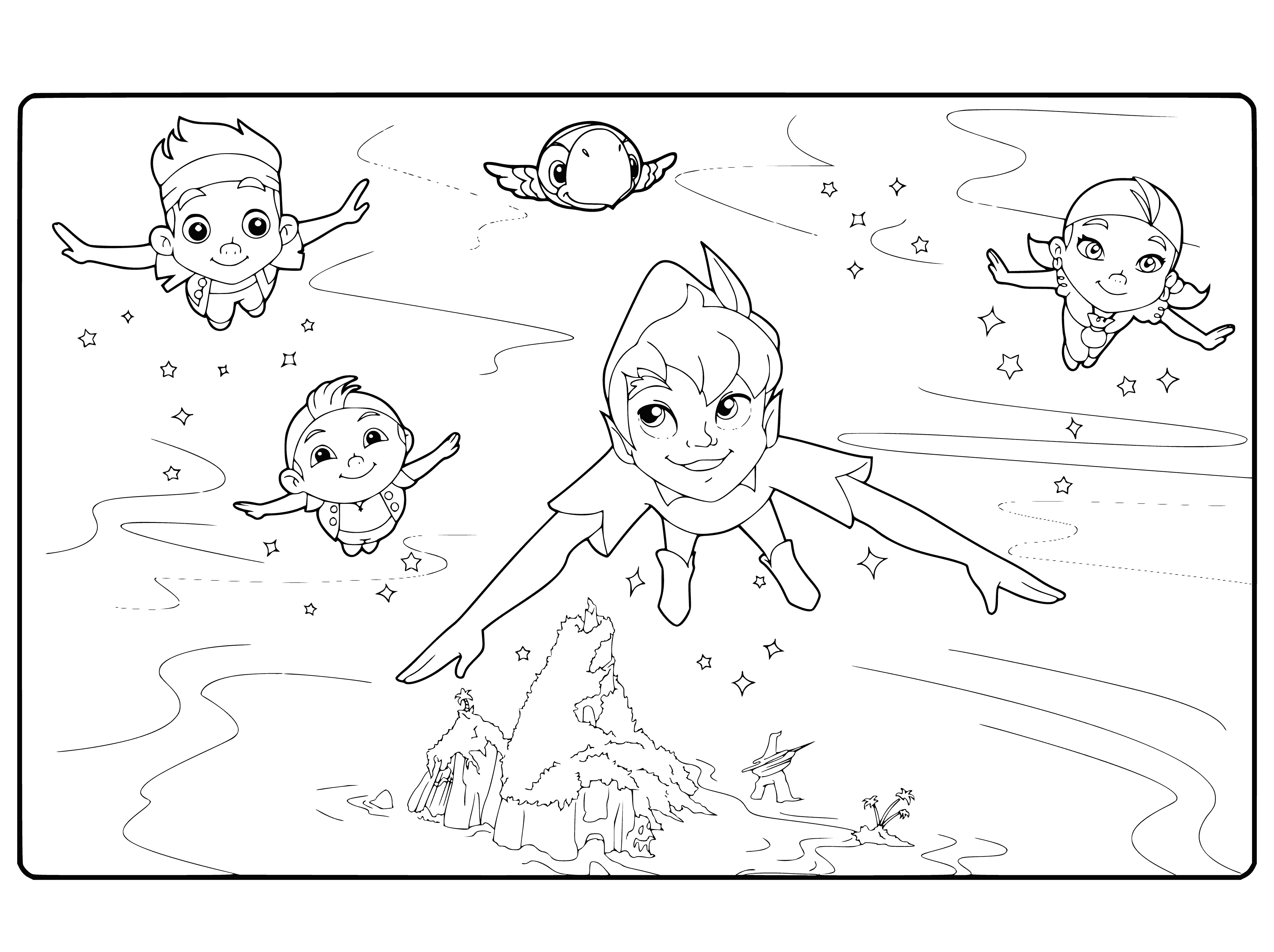 coloring page: Jake & friends explore the beach & forest. Jake gazes into the sky w/telescope. His friends admire him and one holds a stick. Ship sails in the distance. #Exploration