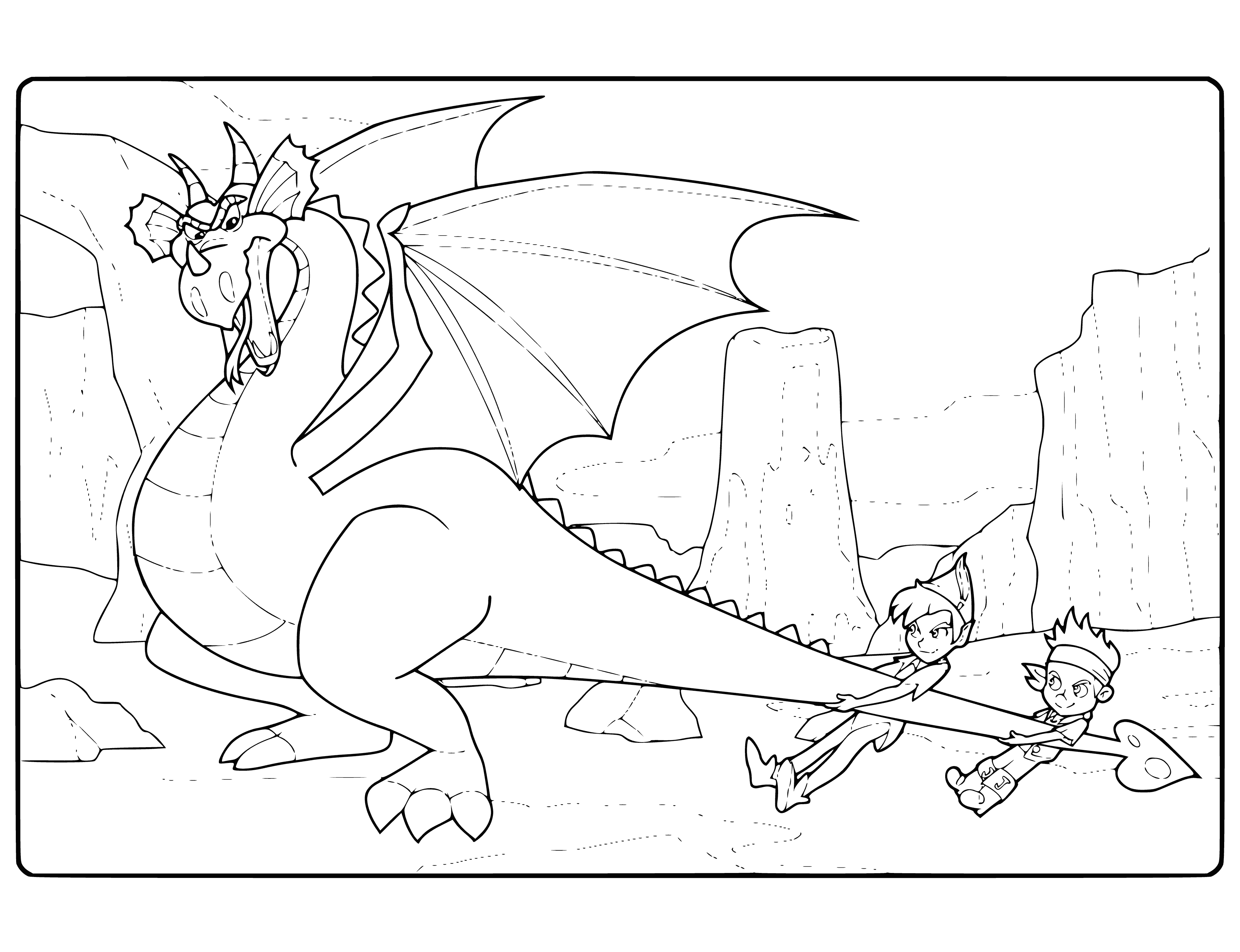 coloring page: Jake & Peter distract dragon with drum & flying. Dragon looks up w/mouth open.