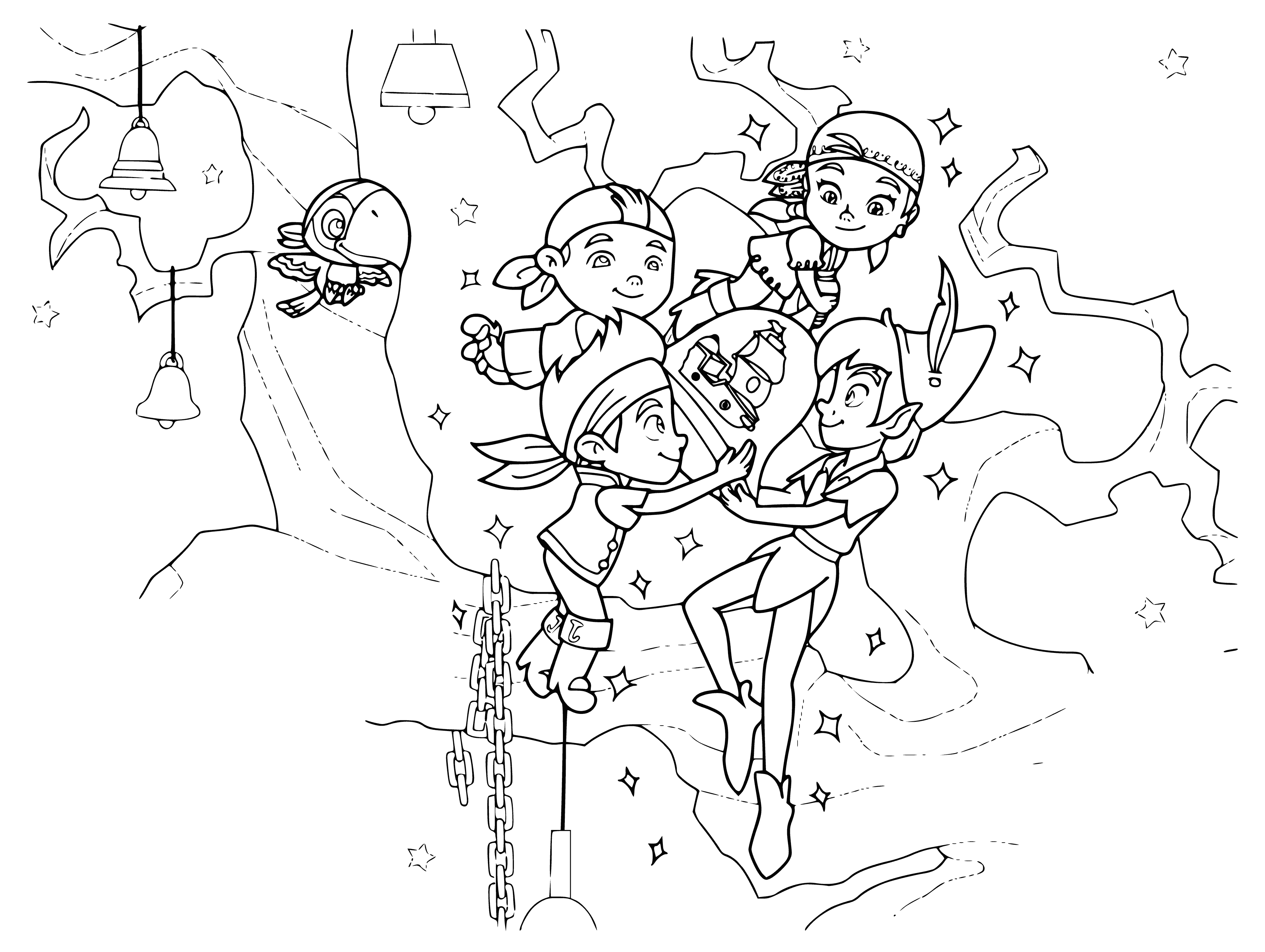 coloring page: Jake & friends gather round a golden bell on the ship; Izzy holds hammer to ring it & Skully perches on top. Cubby & Jake look up.