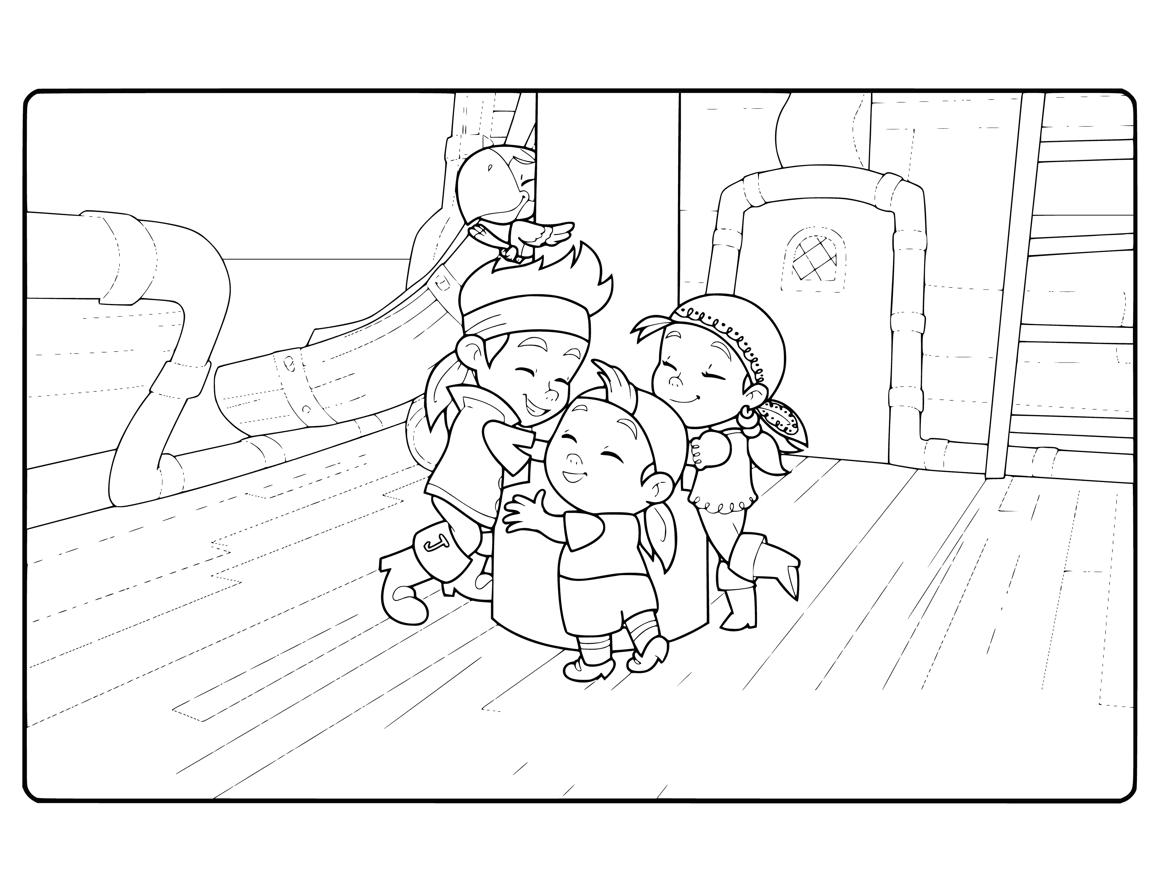 coloring page: Jake and friends explore an island and find a ship in this fun coloring page!