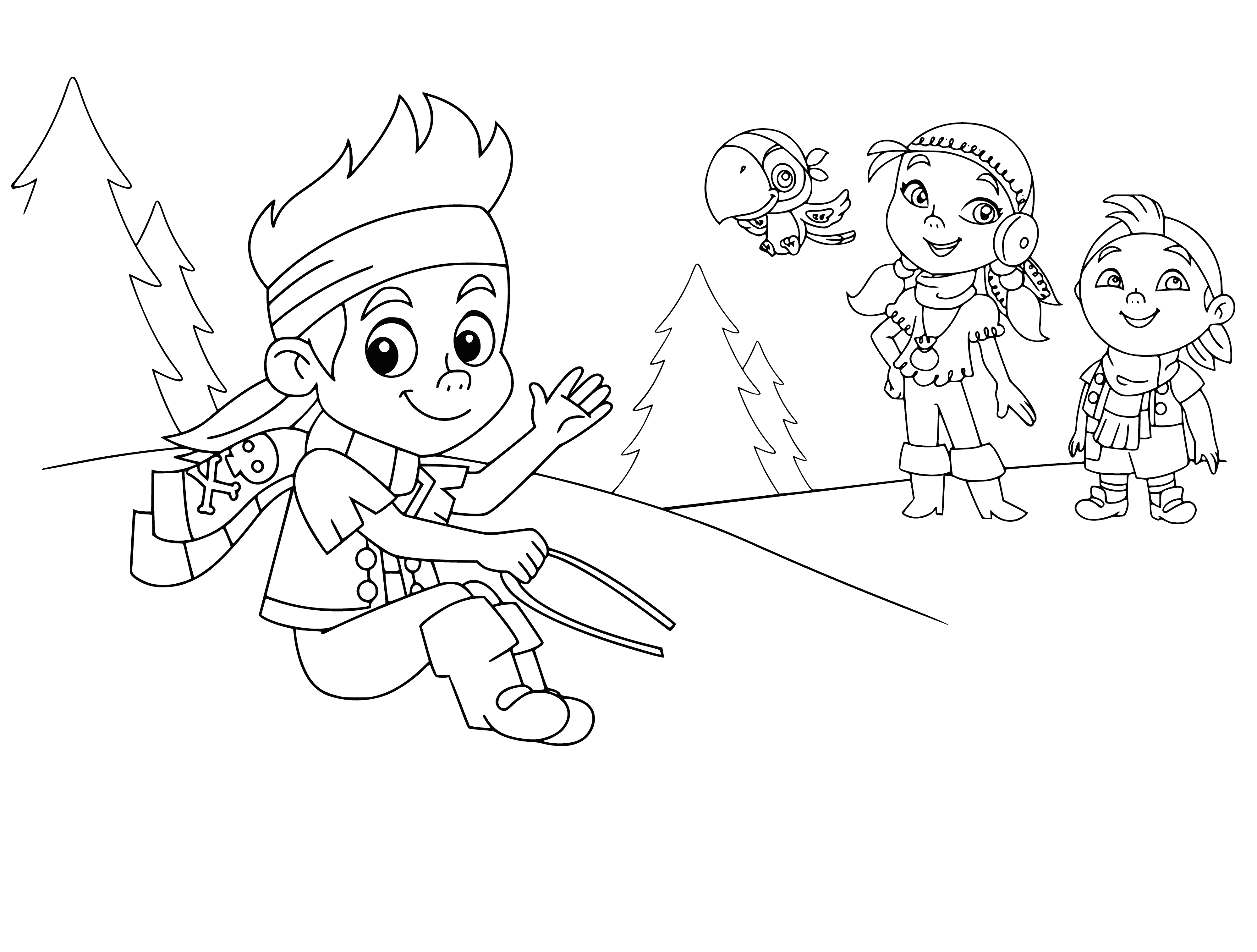 coloring page: The Never Land Pirates sled, smiles all around, flying snow as they zip down a hill. Fun!